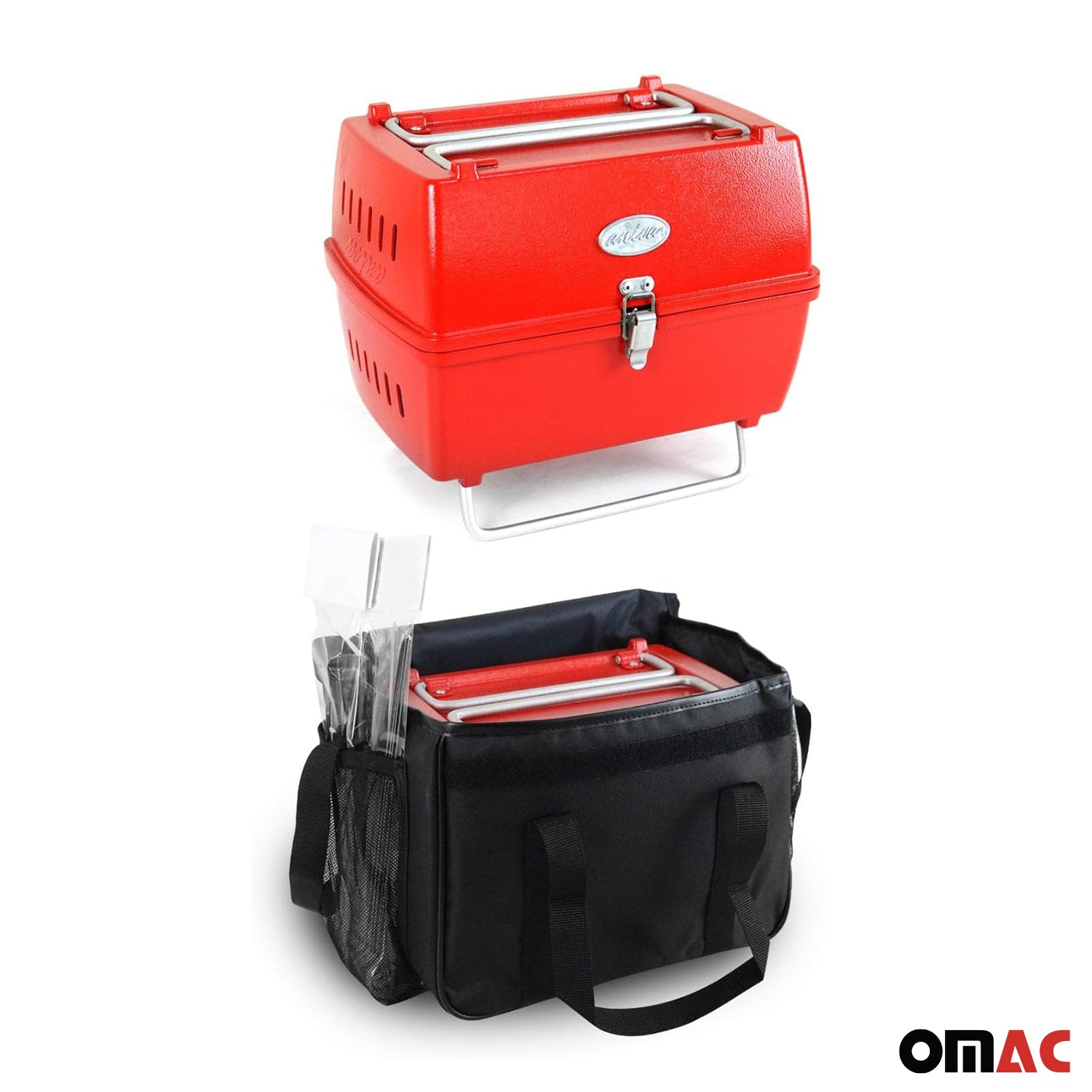 Red Portable Charcoal BBQ Grill Outdoor Camping 13 Pcs With Durable Bag SET