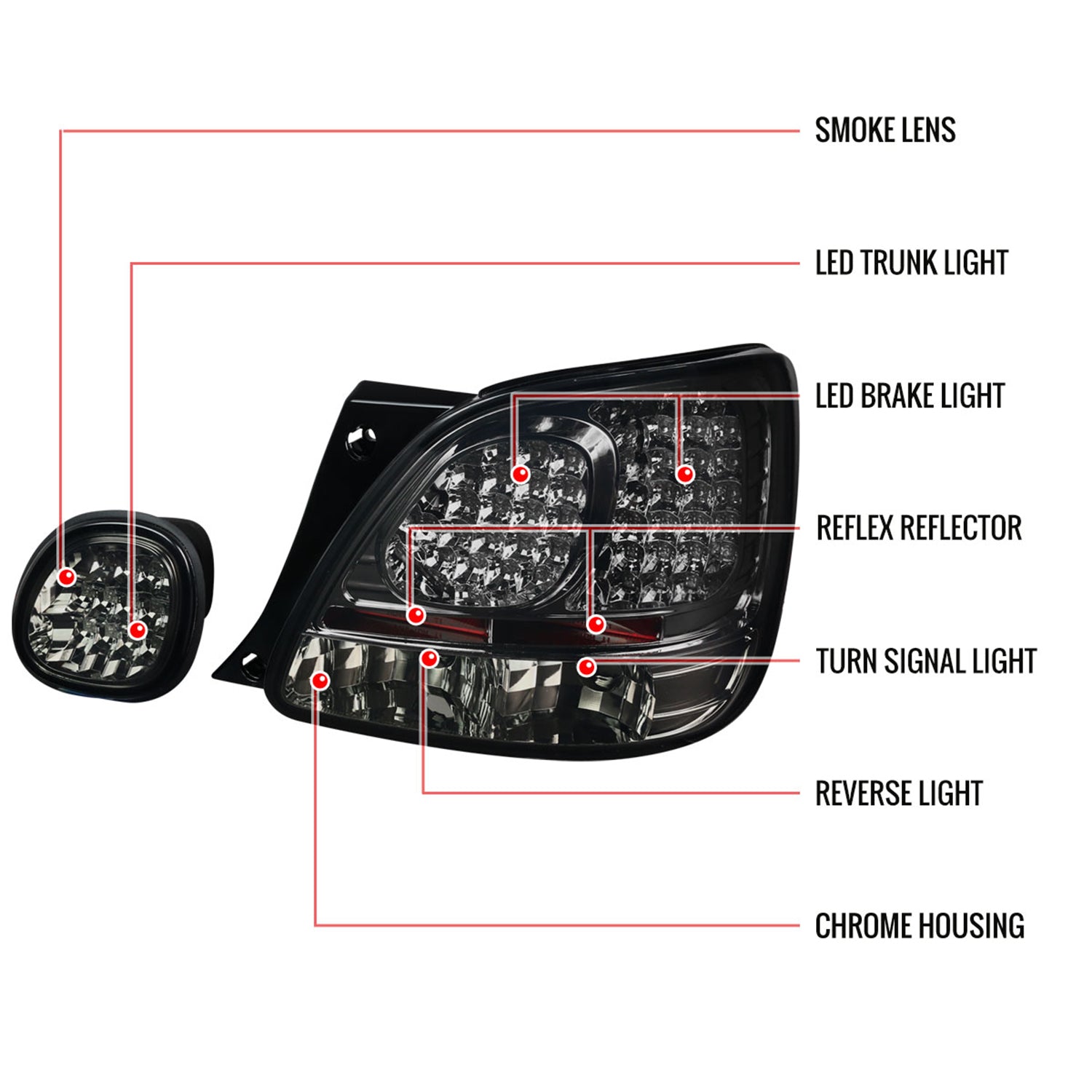 1998-2005 Lexus GS300/GS400/GS430 LED Tail & Trunk Lights Chrome/Red Smoke