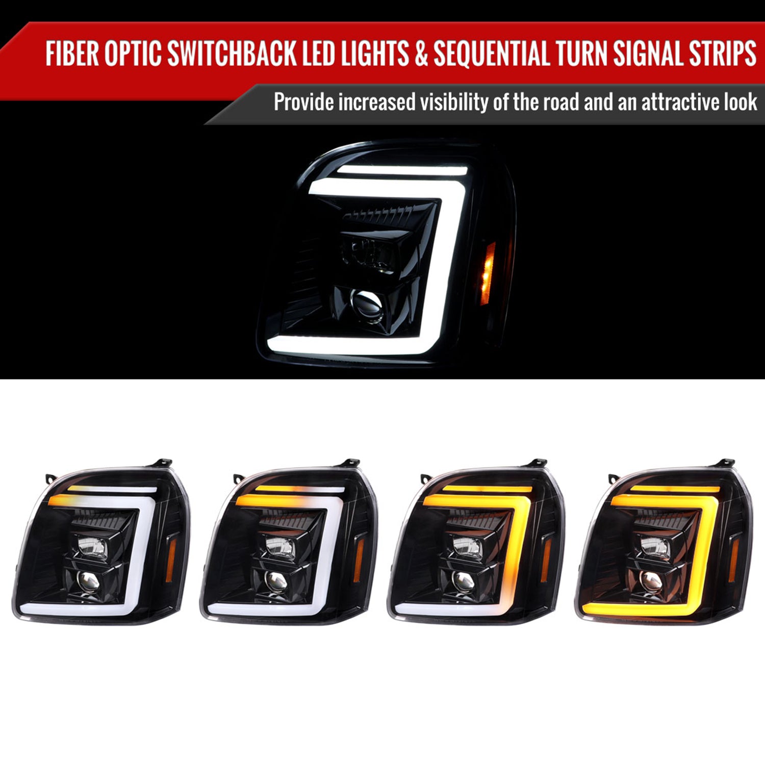2007-2014 GMC Yukon/XL 1500/XL 2500 LED Signal Projector Headlights Jet Black