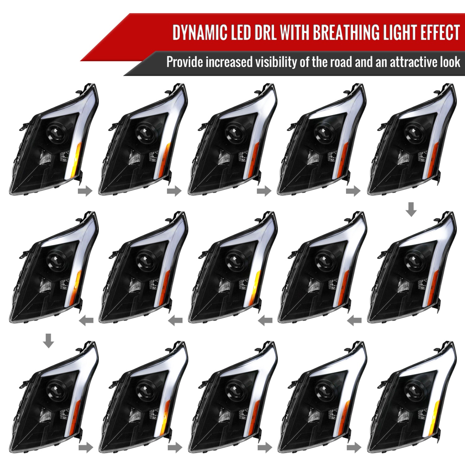 2010-2016 Cadillac SRX Projector Headlights Turn Signal LED Bar Black