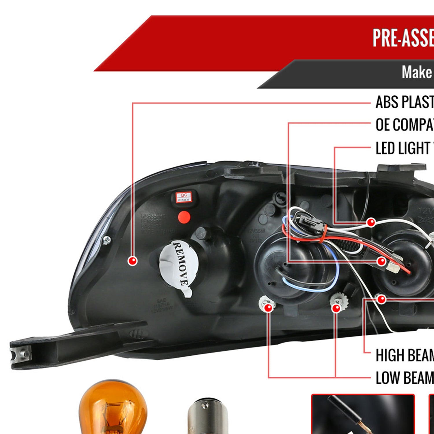 1996-1998 Honda Civic Projector Headlights R8 LED Light Strip Matt Black