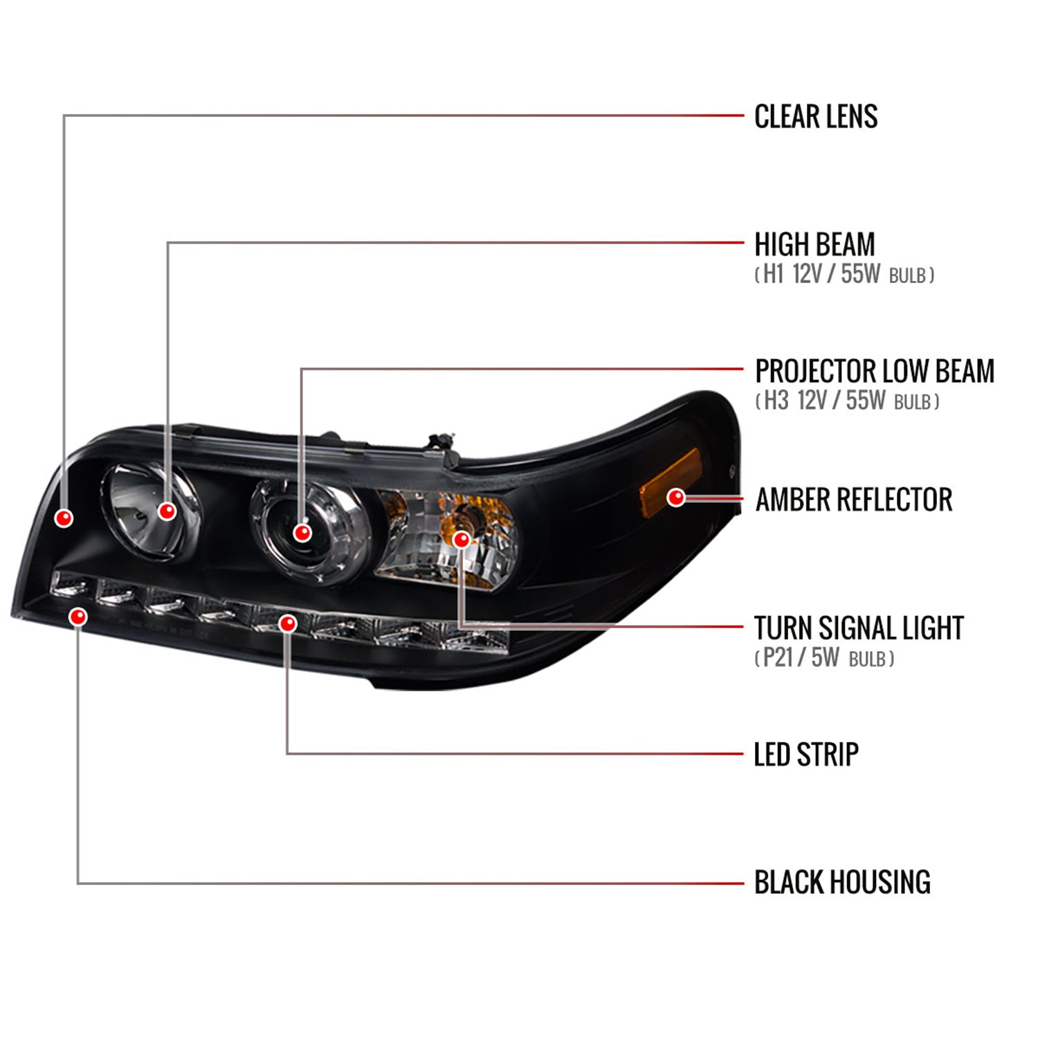 1998-2011 Ford Crown Victoria Projector Headlights LED Light Strip Matt Black