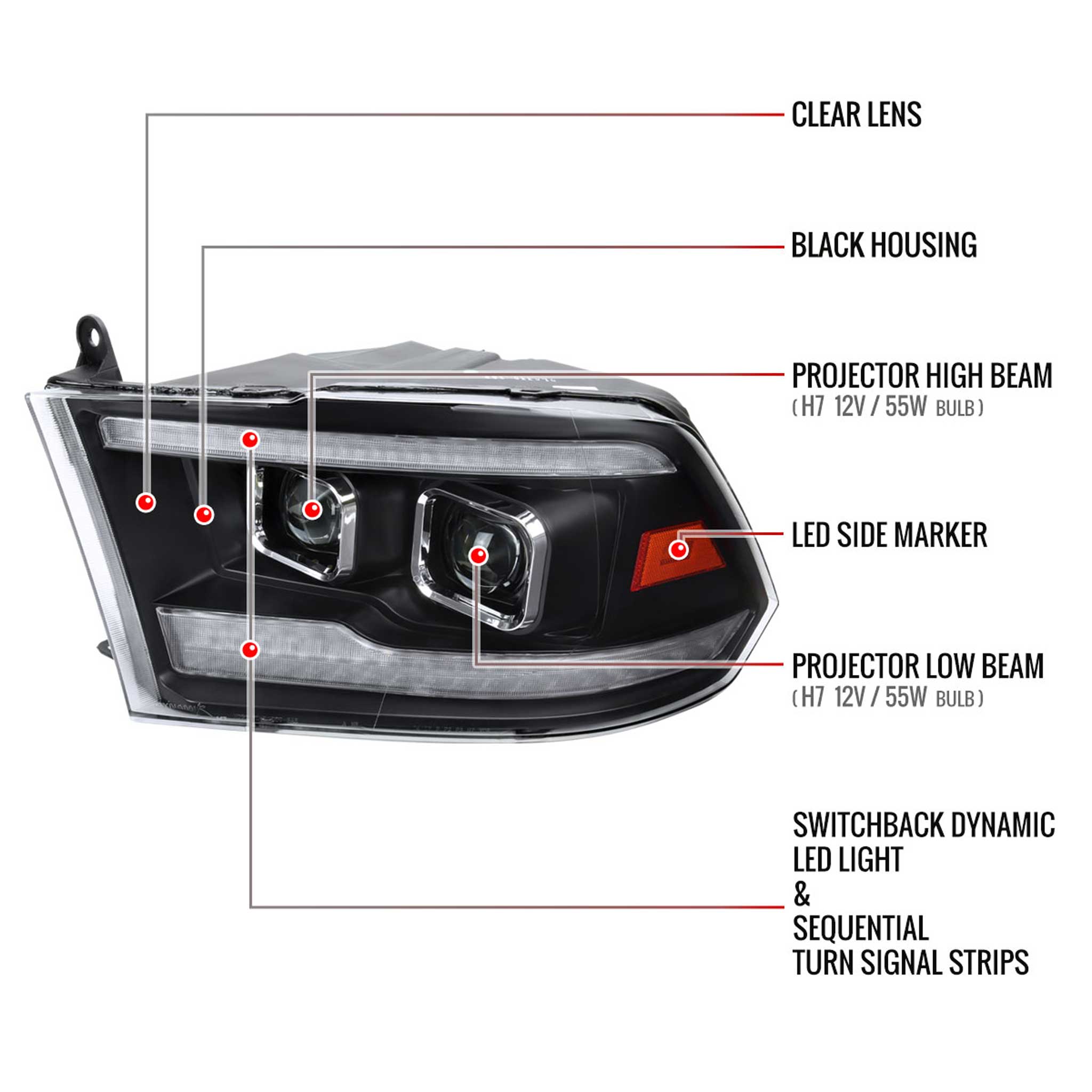 For Dodge RAM 1500 2009-18 / RAM Classic 2019-21 / 2500 3500 2010-18 Amber LED Bar Switchback Projector Headlights Matte Black Housing Clear Lens