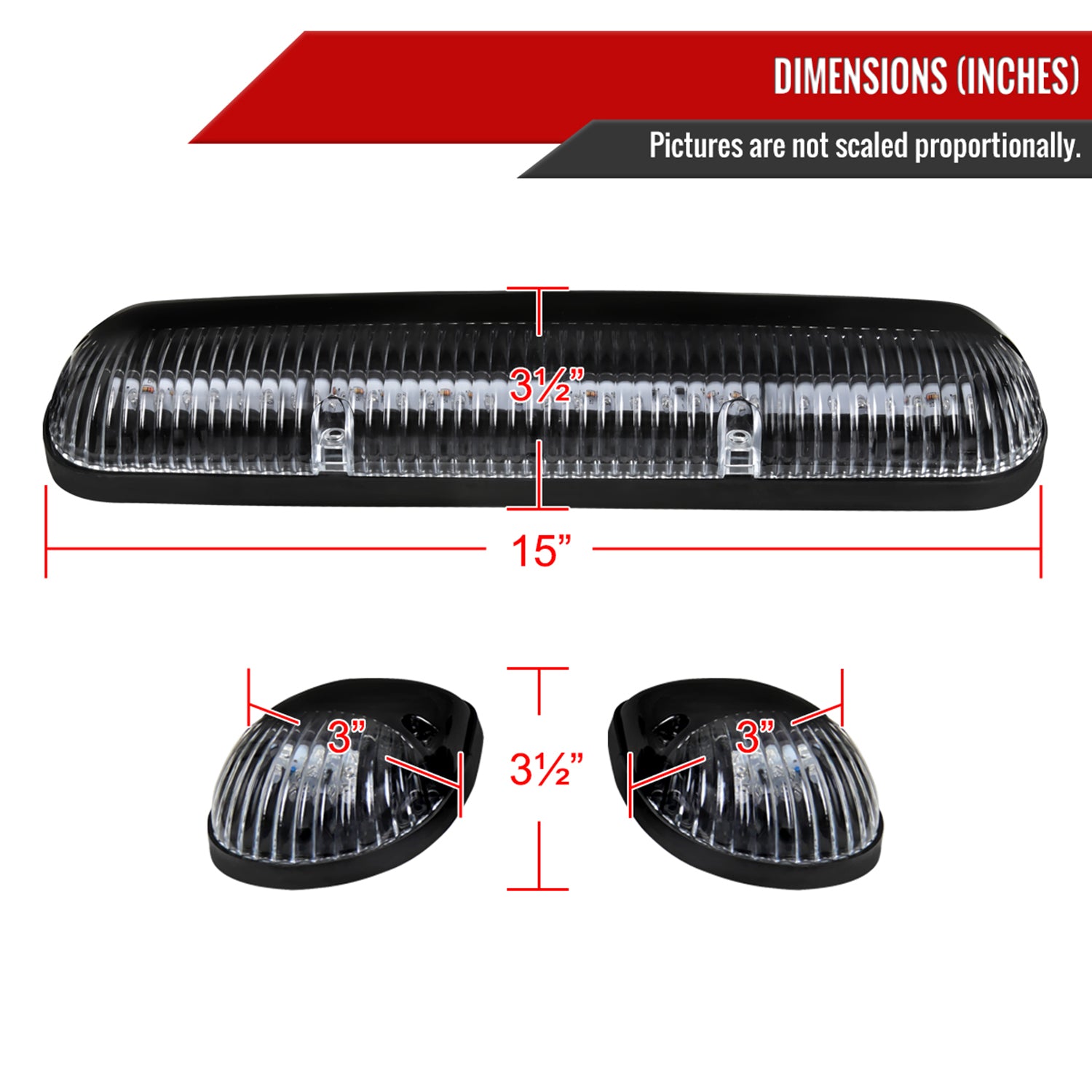 Universal 3PC Set Roof Cab Amber LED Lights Black Housing/Clear Lens