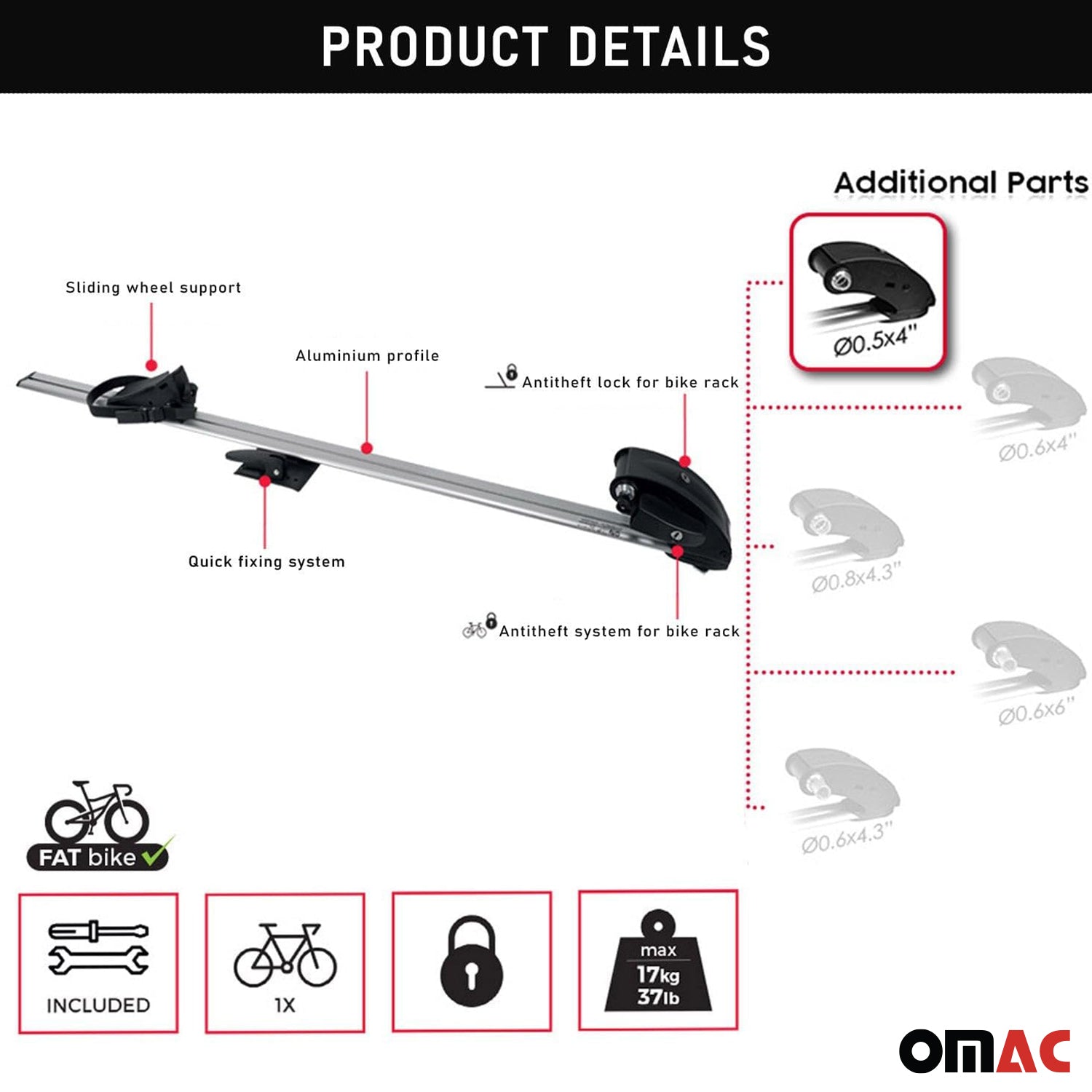 Roof Bicycle Rack Bike Carrier Alu Upright with Optional 0,5x4 Inch Fork Kit