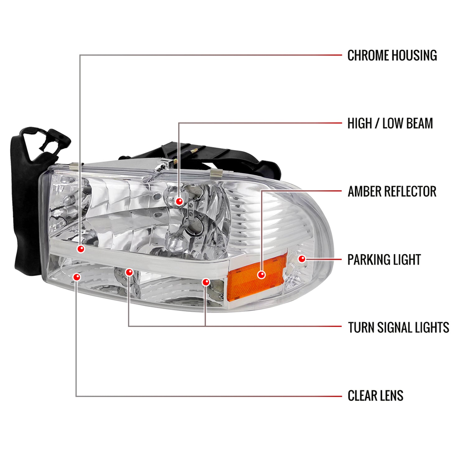 1997-2004 Dodge Dakota/98-2003 Durango Crystal Headlights Amber Reflector Chrome