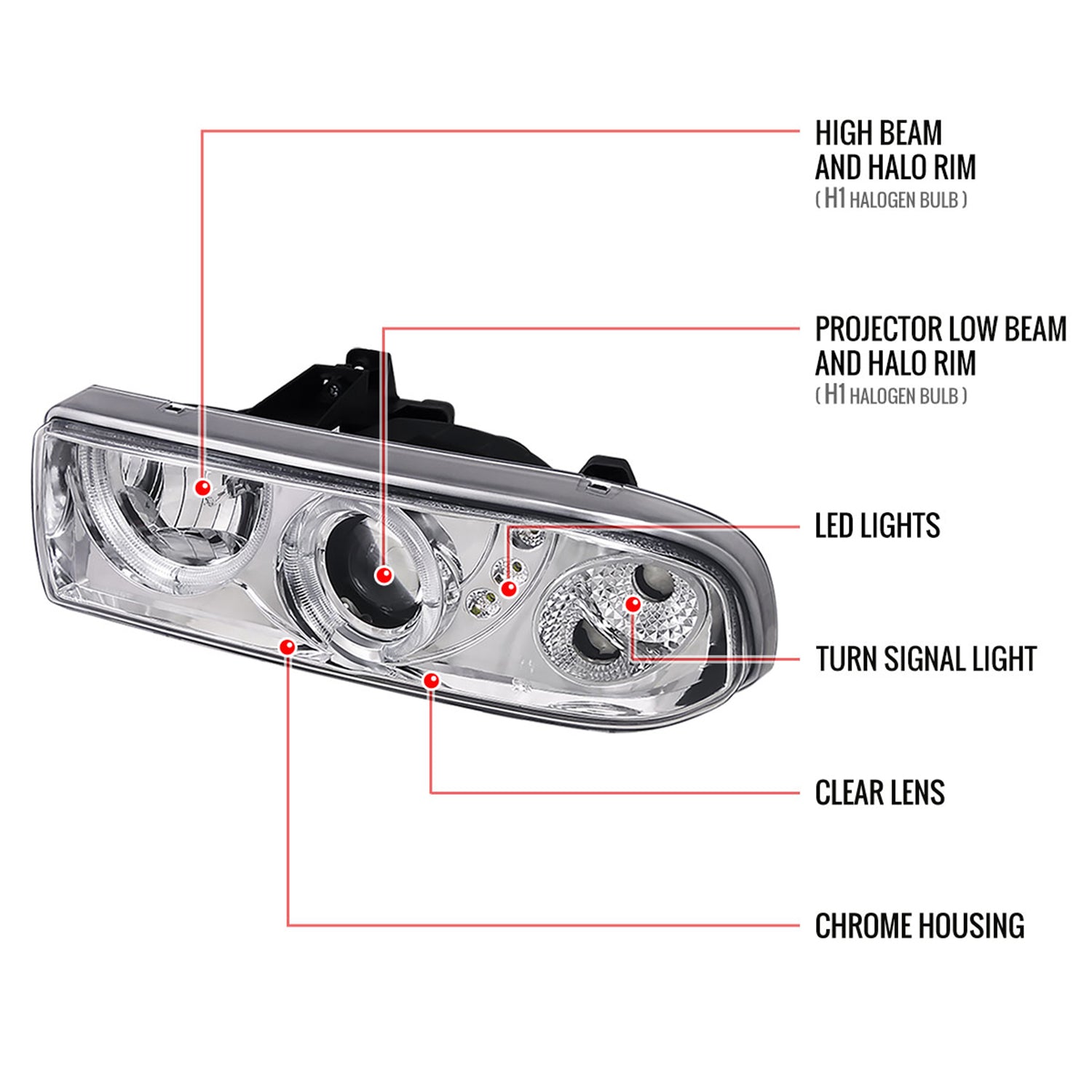 1998-2004 Chevy S10 Dual Halo Projector Headlights Chrome Housing/Clear Lens
