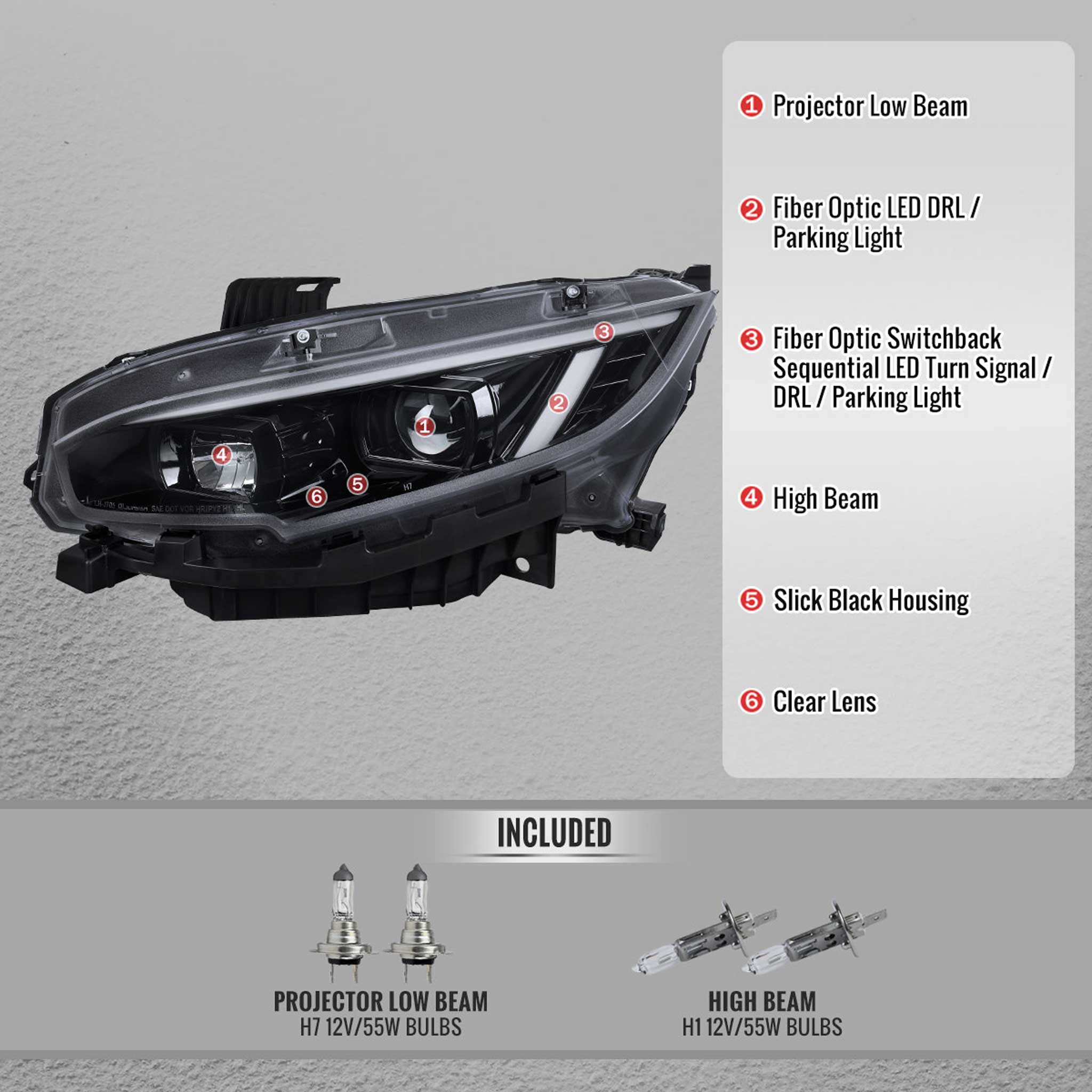For Honda Civic 2016-2021 Projector Headlights Sequential DRL Jet Black Housing Clear Lens