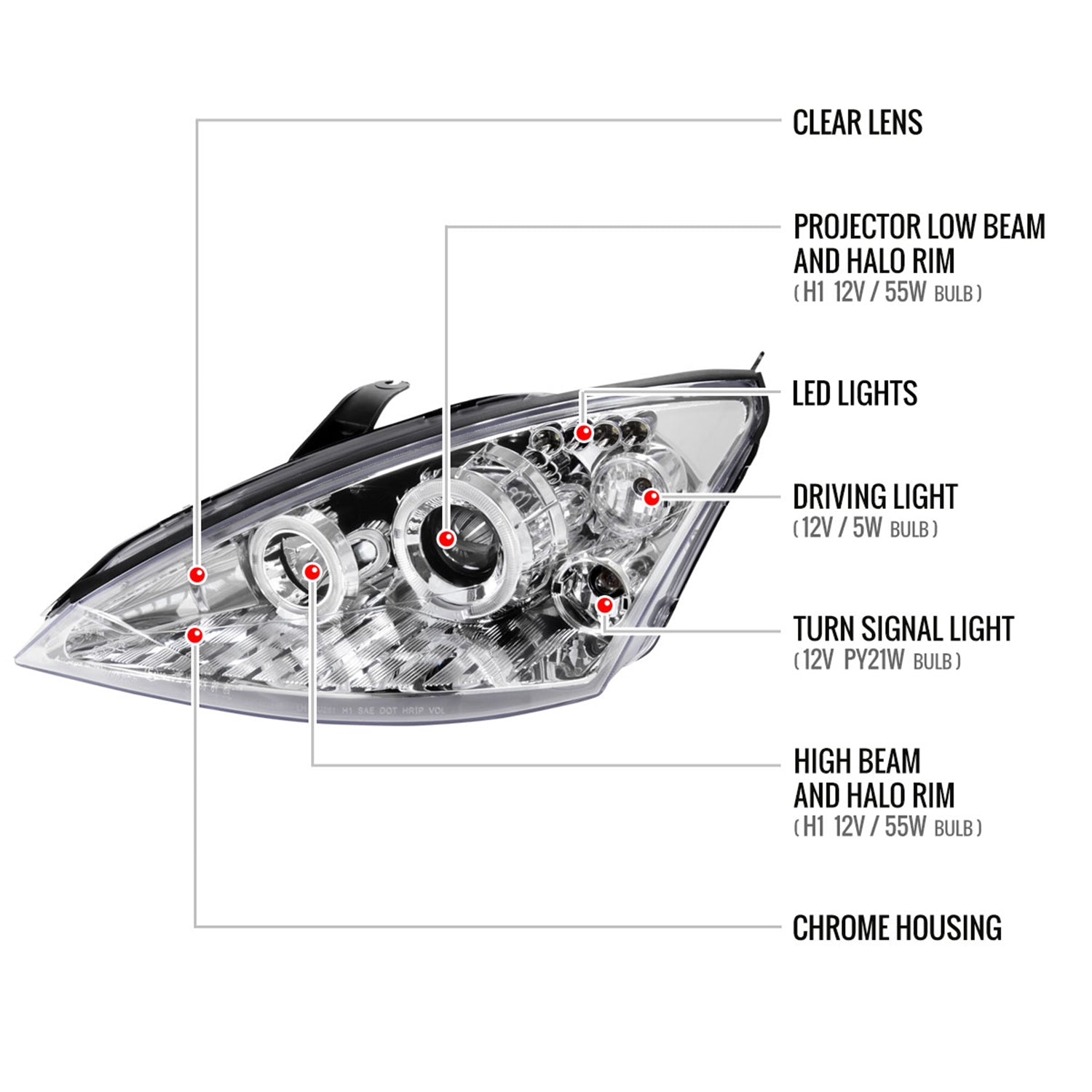 2000-2004 Ford Focus Dual Halo Projector Headlights Chrome/Clear Lens