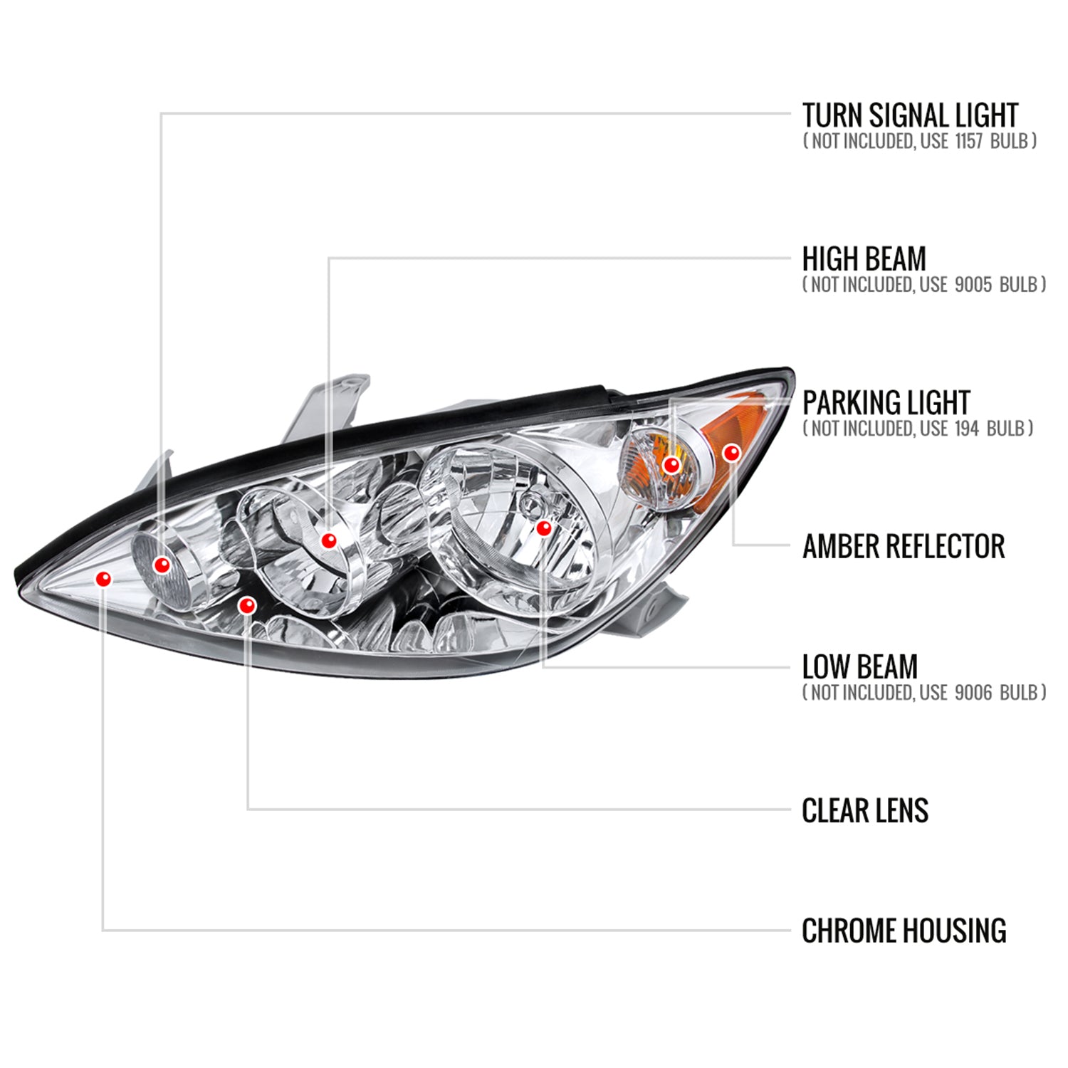 2005-2006 Toyota Camry Factory Crystal Headlights Amber Reflector Chrome/Clear