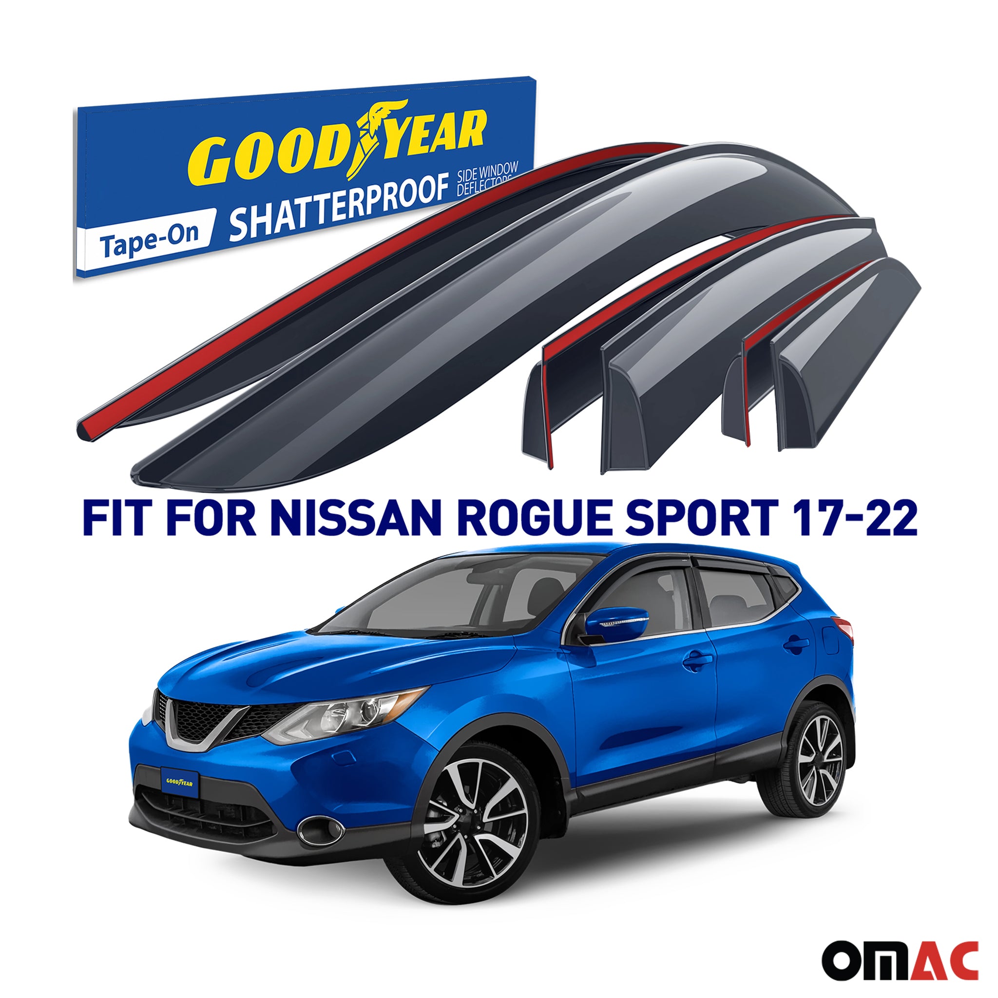Goodyear Wind Deflectors for Nissan Rogue Sport 2017-2022 Tape-On Smoke 6 pcs