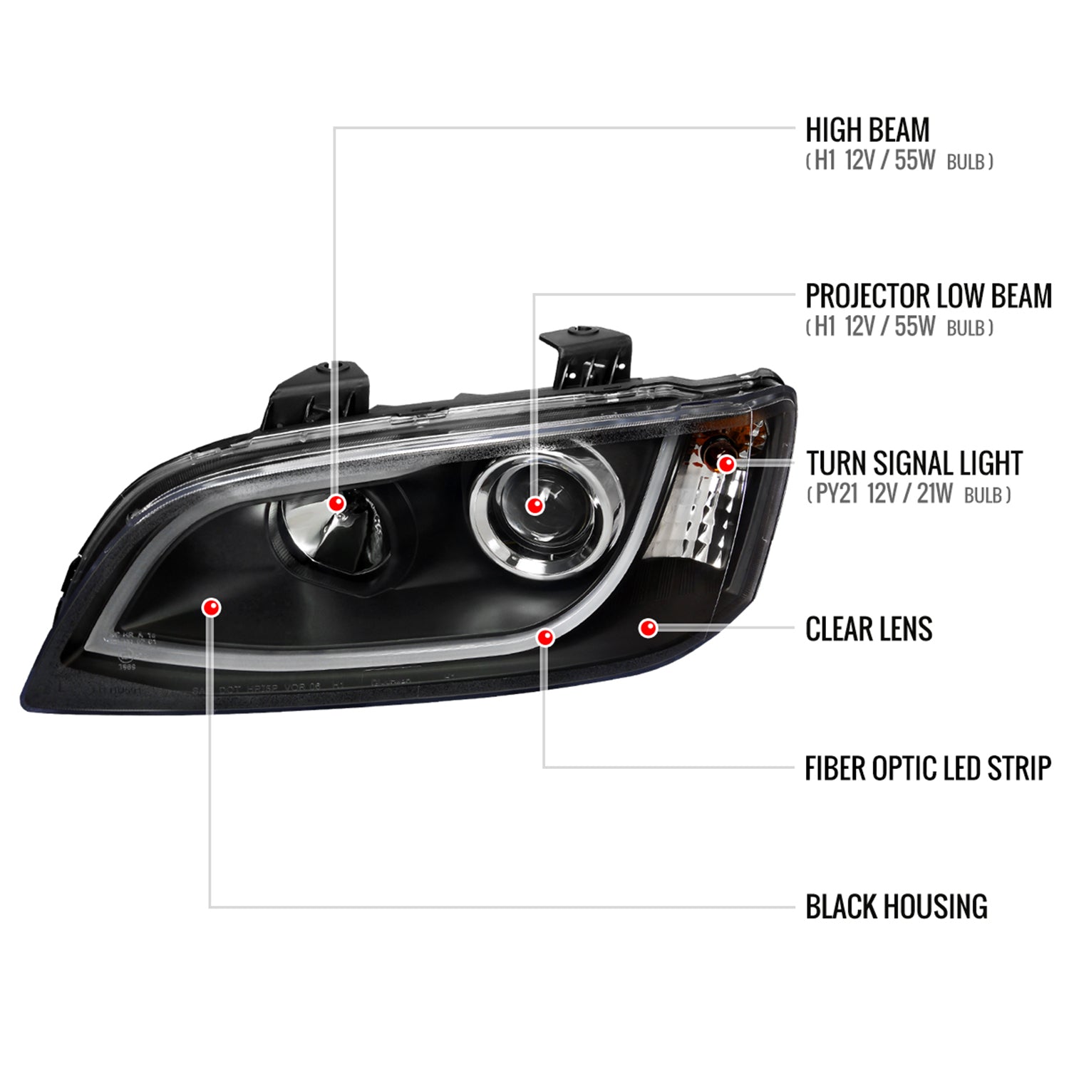 2008-2009 Pontiac G8 LED Bar Projector Headlights Matte Black/Clear Lens
