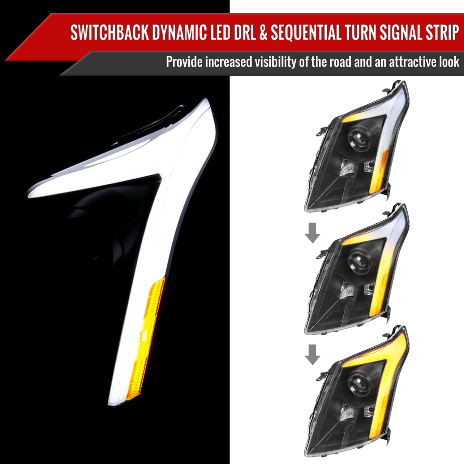 2010-2016 Cadillac SRX Projector Headlights Turn Signal LED Bar Black