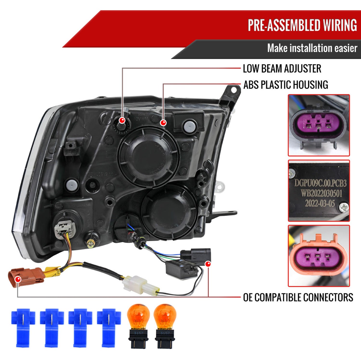 2009-2019 Dodge RAM 1500 2500 3500 LED Factory Headlights Amber Black