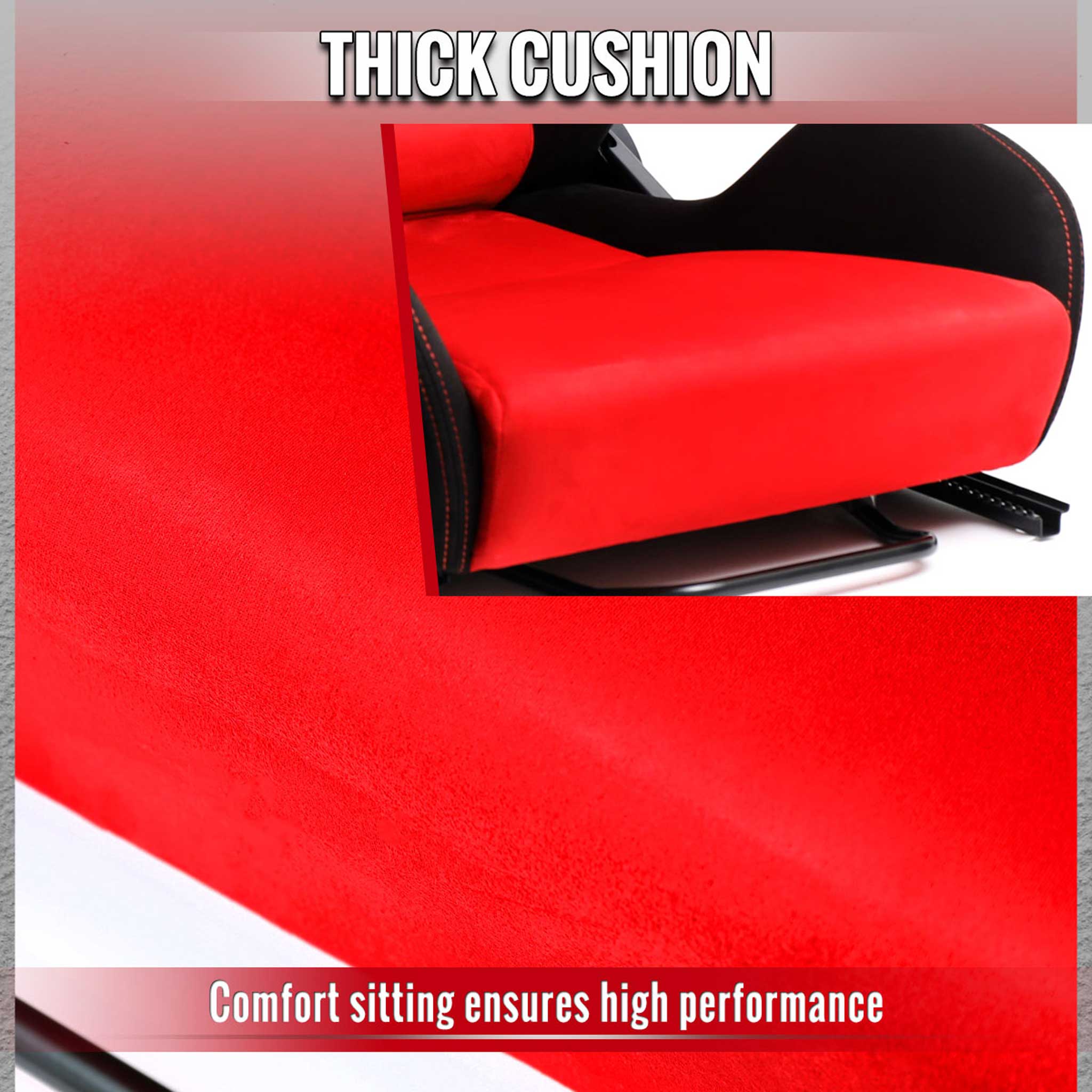 Universal Racing Seat Bright Red Suede Front Black Suede Black Double Red Stitch
