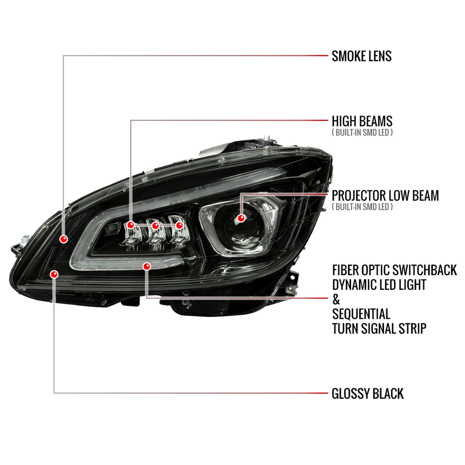 2008-2011 Mercedes Benz W204 C-Class Full LED Projector Headlights Smoke