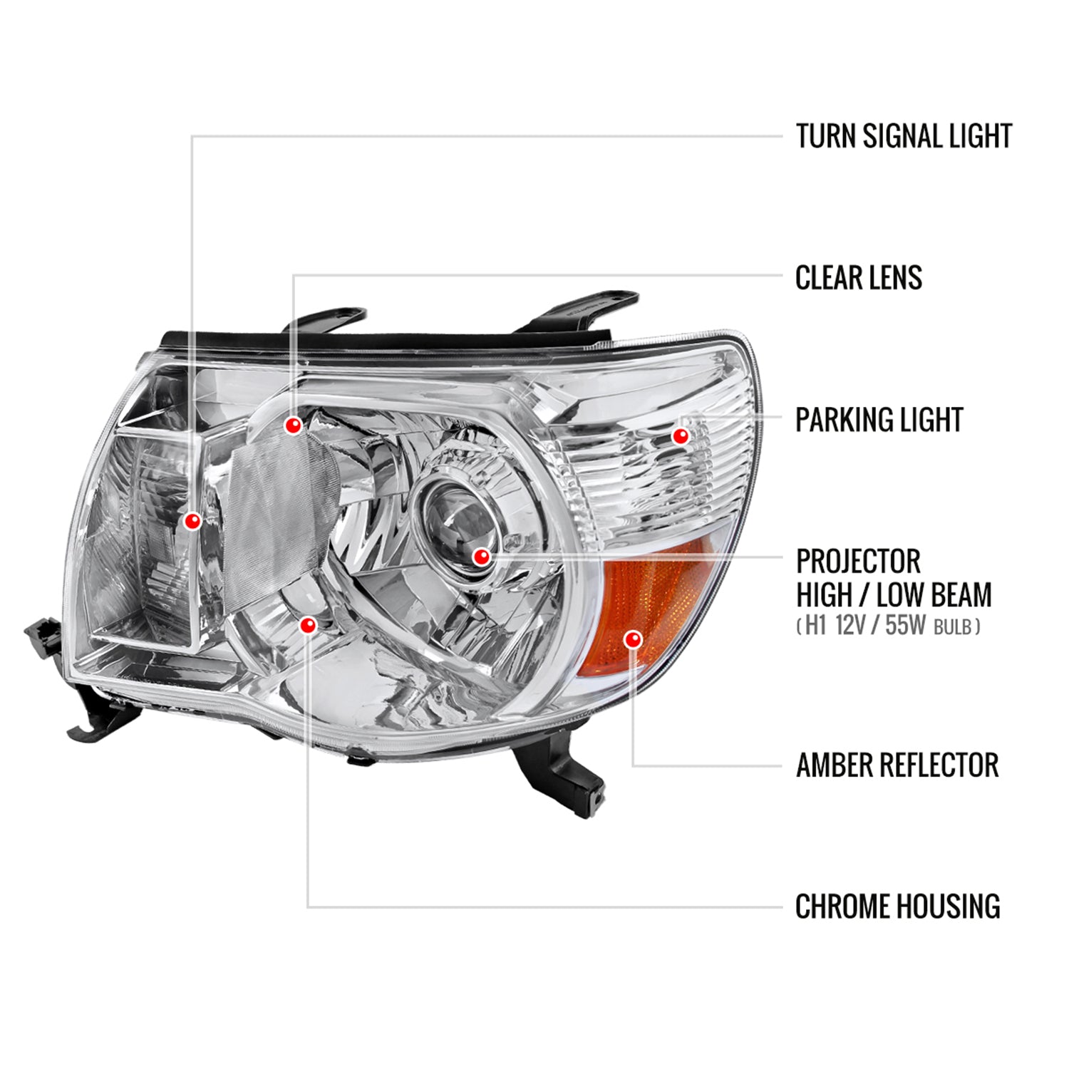 2005-2011 Toyota Tacoma Retro Style Projector Headlights Chrome/Clear Lens