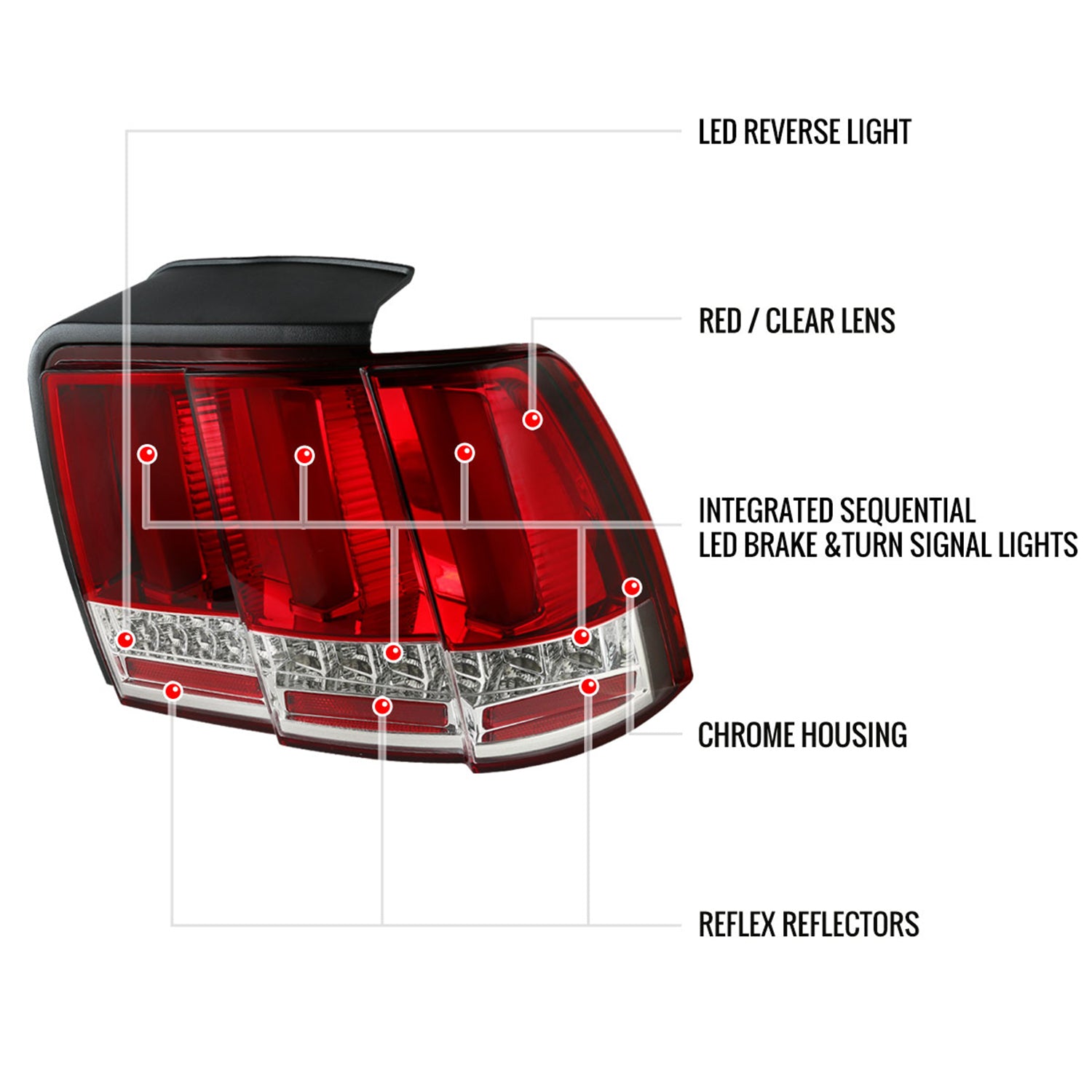 1999-2004 Ford Mustang Sequential LED Tail Lights Chrome Housing/Red Lens