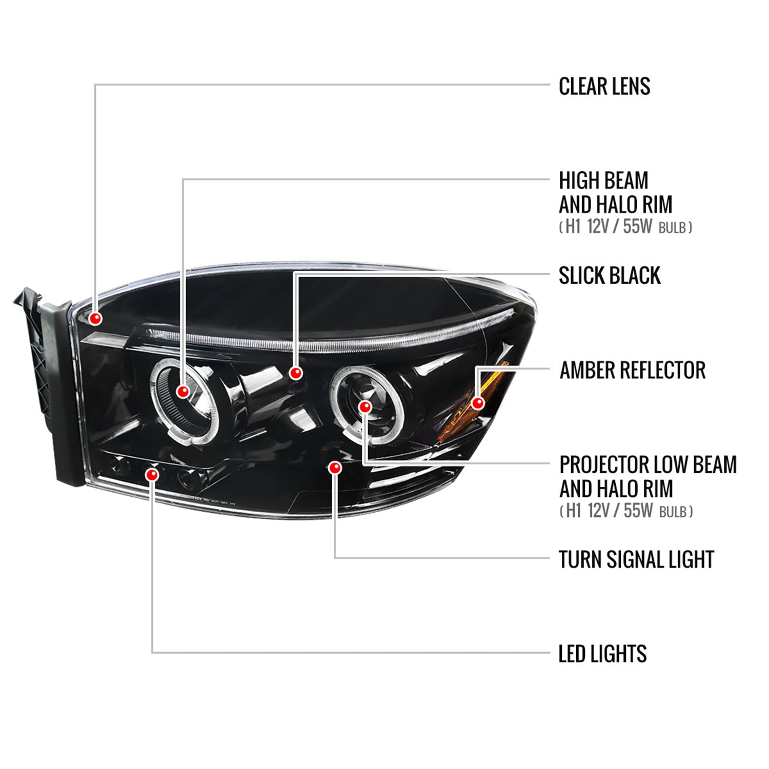 2006-2008 Dodge RAM 1500/ 06-2009 RAM 2500 3500 Dual Halo Headlights Jet Black