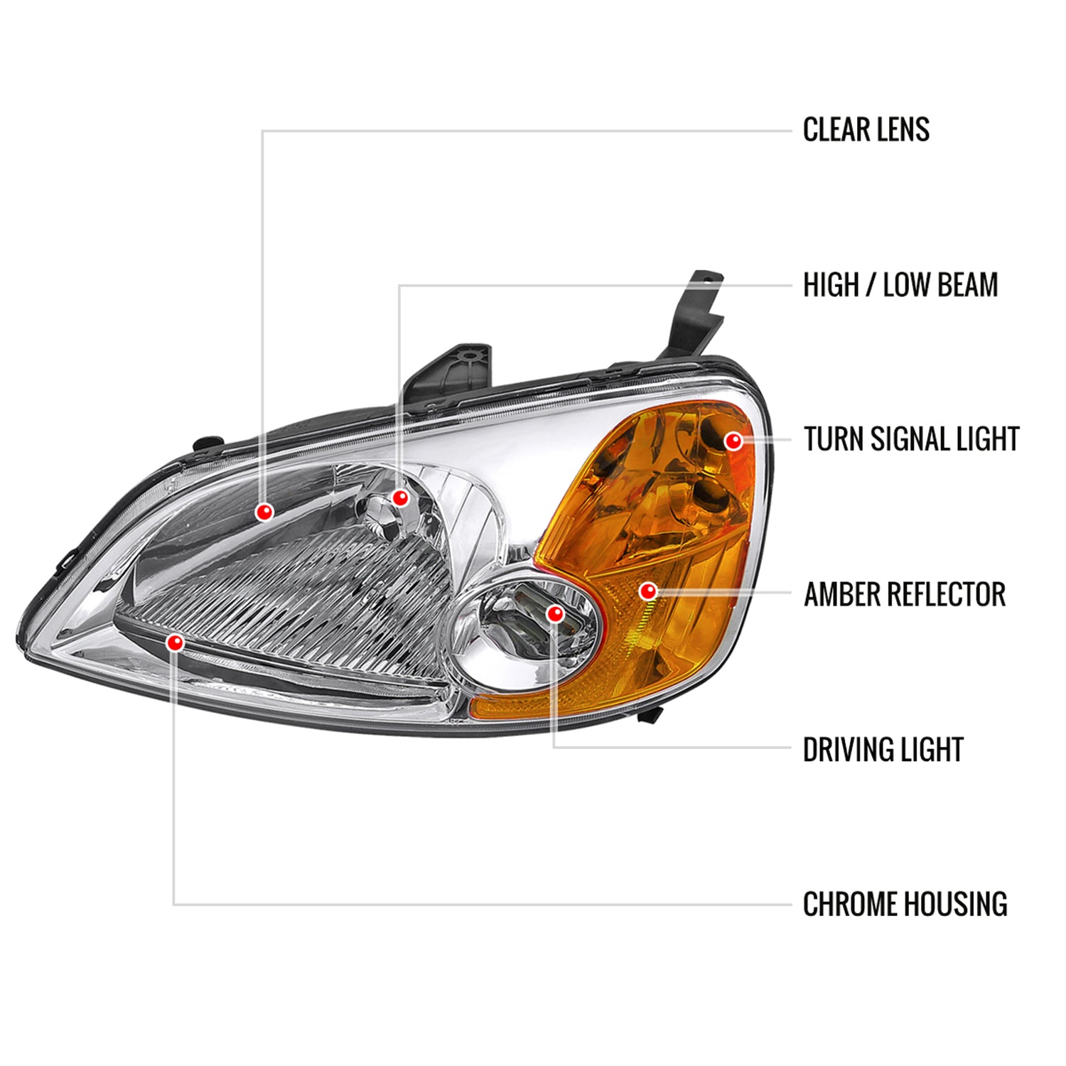 2001-2003 Honda Civic Factory Style Headlights Chrome Housing/Clear Lens