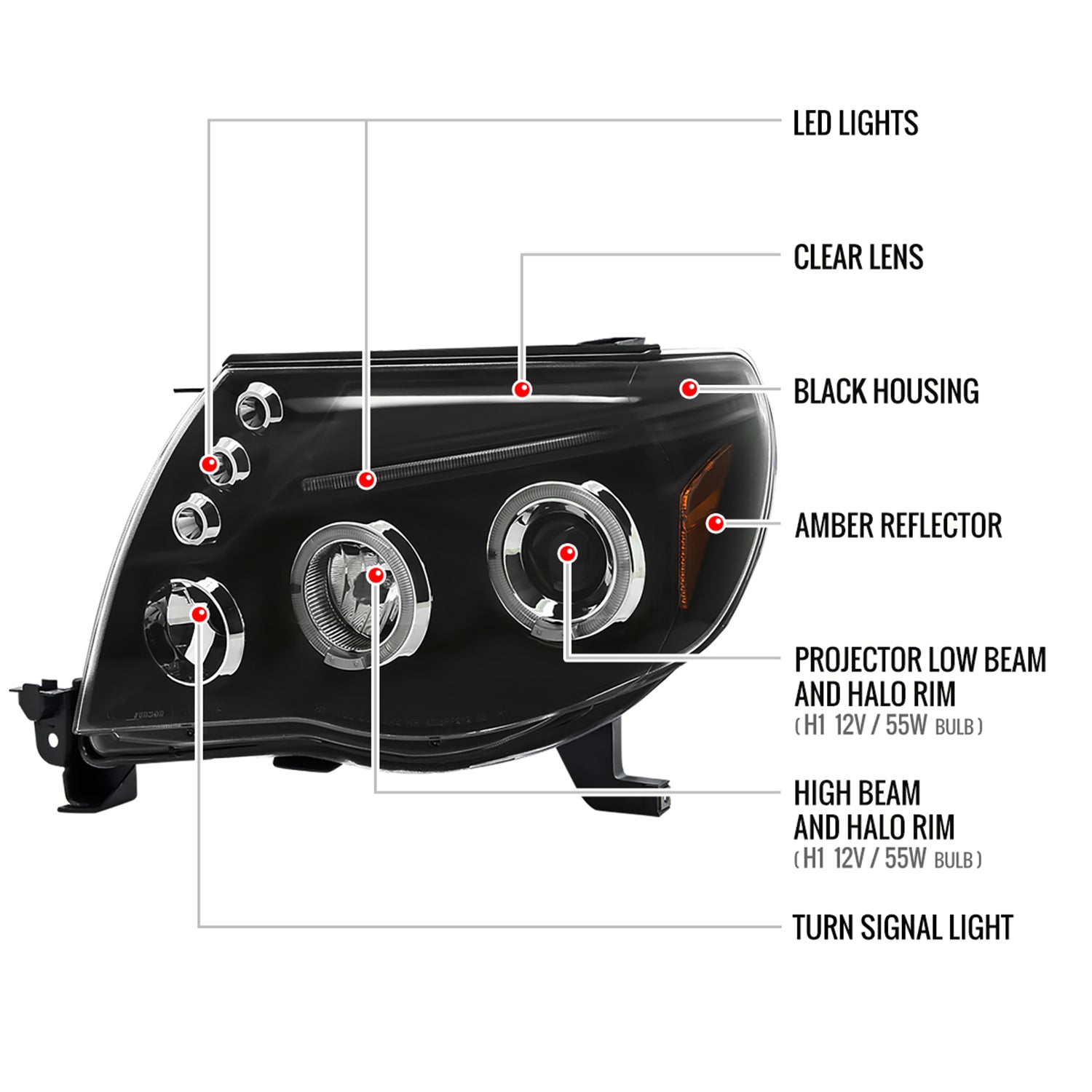 2005-2011 Toyota Tacoma Dual Halo Projector Headlights Matte Black/Clear Lens