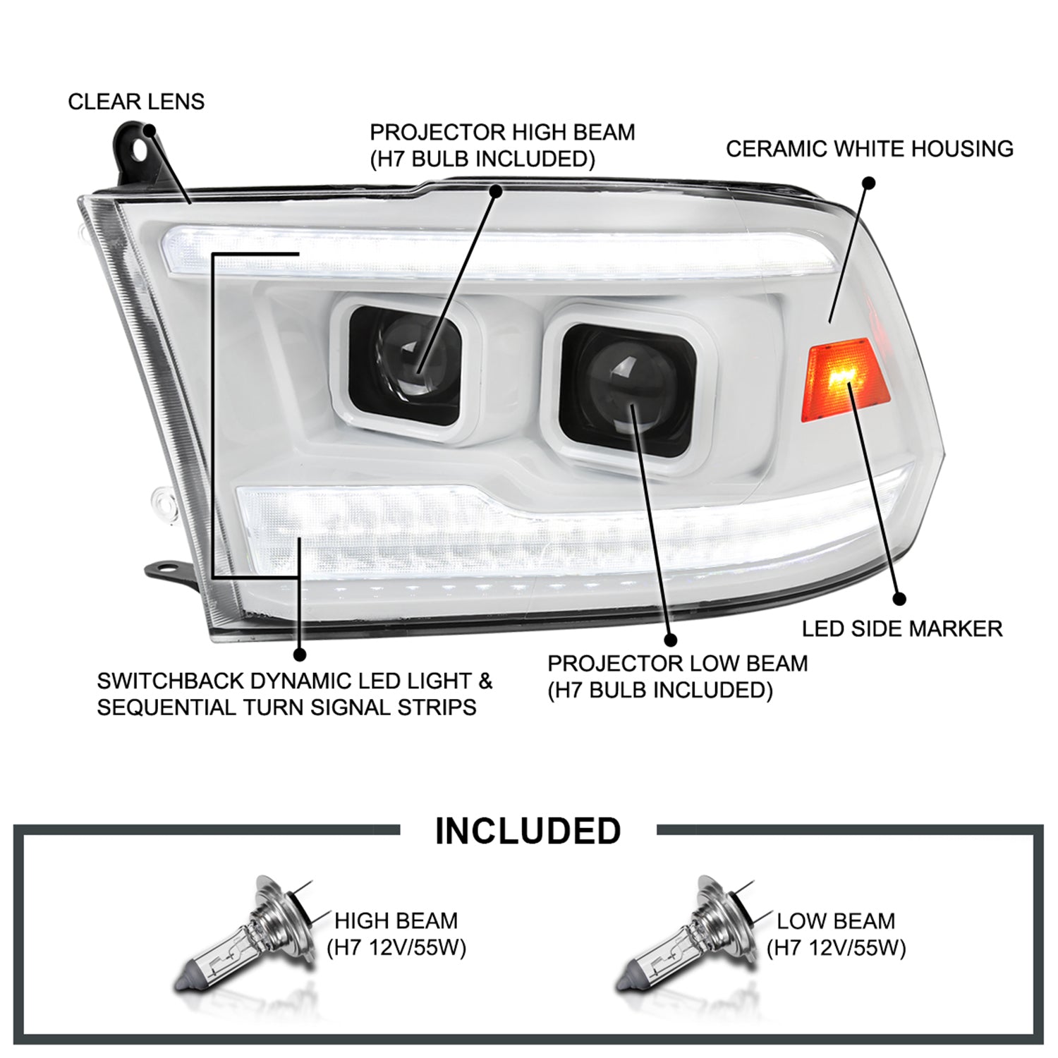2009-2018 Dodge RAM 1500/ RAM 2500/3500 Headlights White Housing