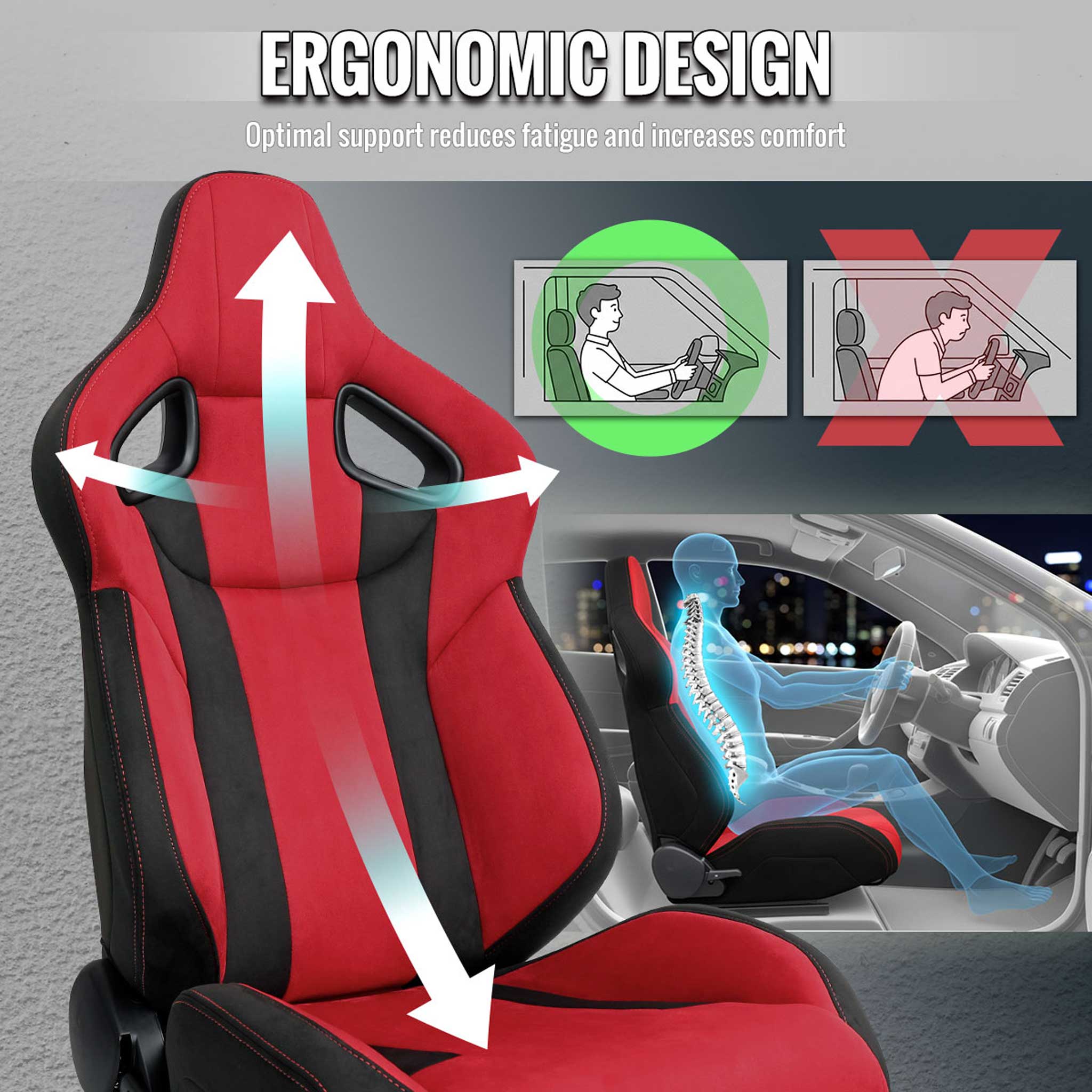 Universal Racing Seat Bright Red Black Suede With Double Red Stitch Right