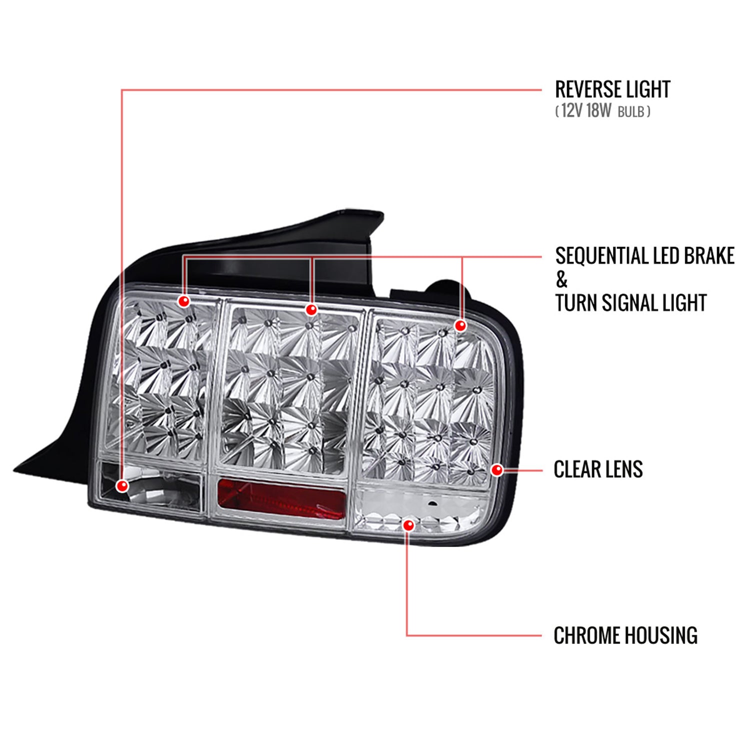2005-2009 Ford Mustang Sequential LED Tail Lights Chrome Housing/Clear Lens
