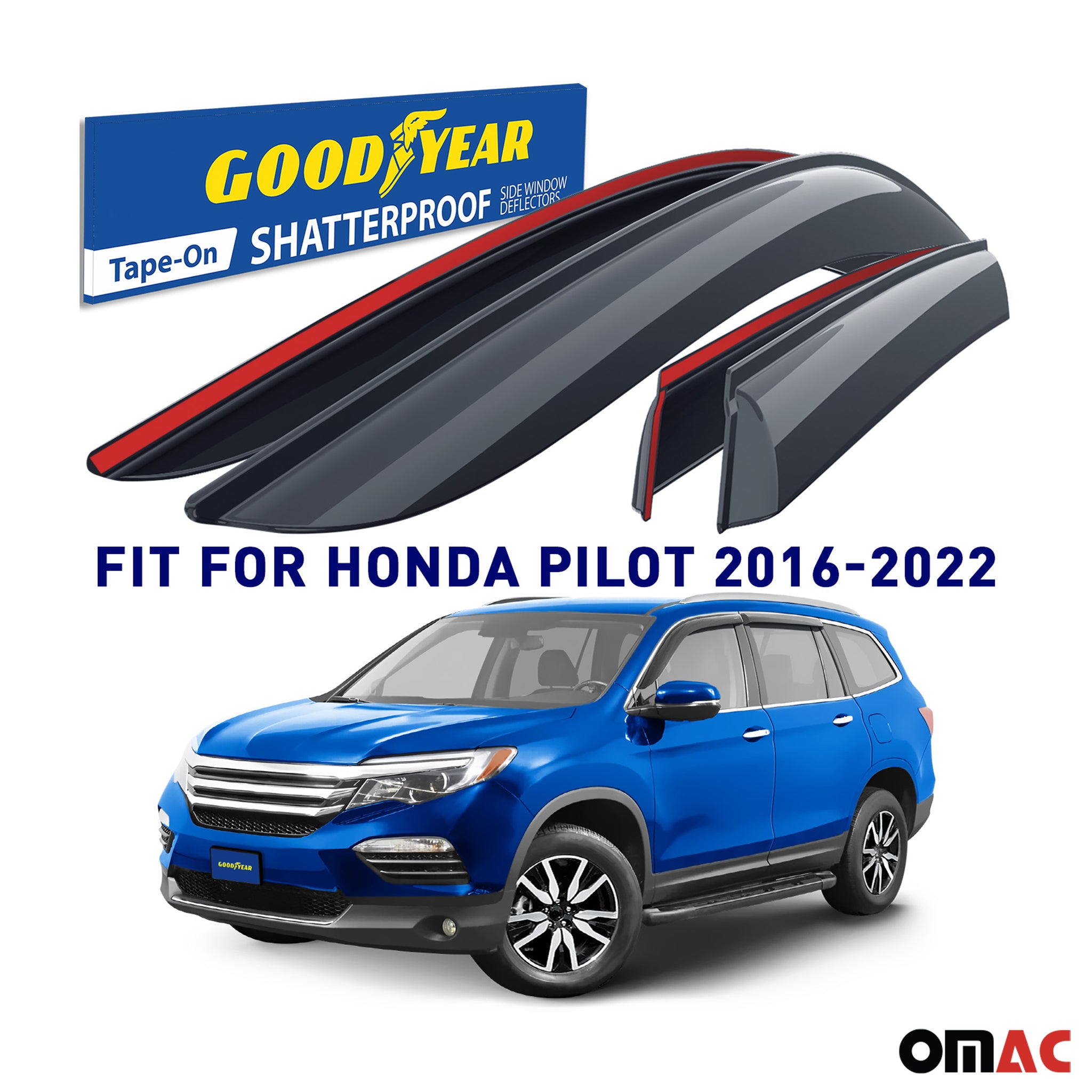 Goodyear Wind Deflectors for Honda Pilot 2016-2022 Tape-On Premium Smoke 4 pcs