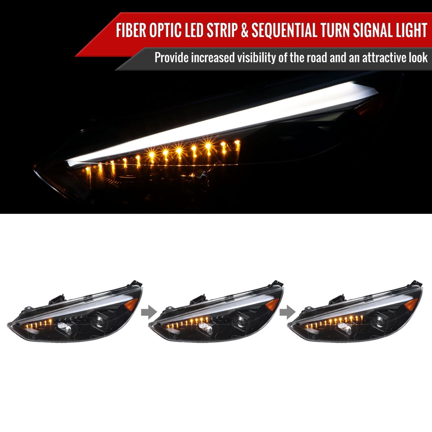 2015-2018 Ford Focus LED Signal Projector Headlights Jet Black/Clear