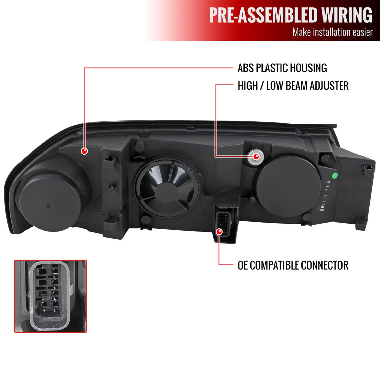 2000-2005 Chevy Impala Crystal Headlights SMD LED Light Strip Matt Black/Clear