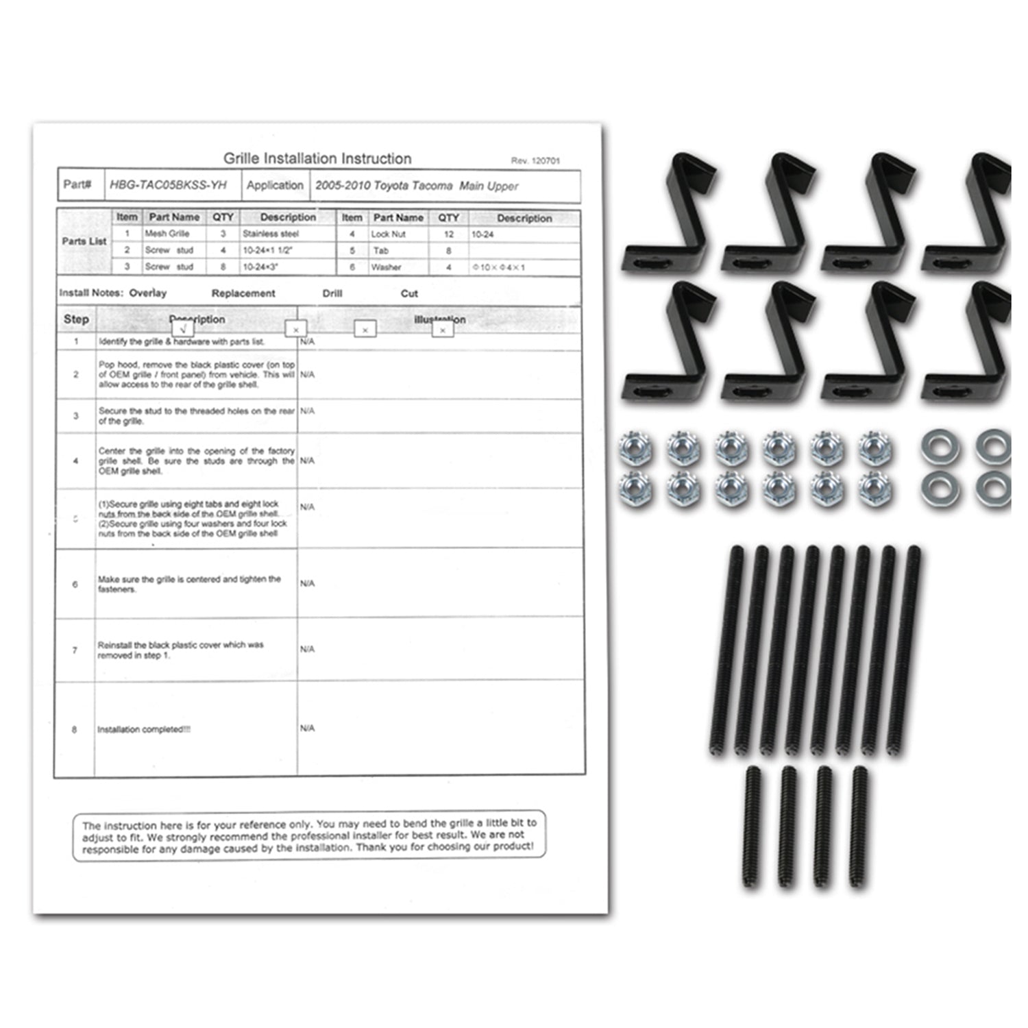 2005-2011 Toyota Tacoma Rivet Style S.Steel 3PC Mesh Grille insert Black