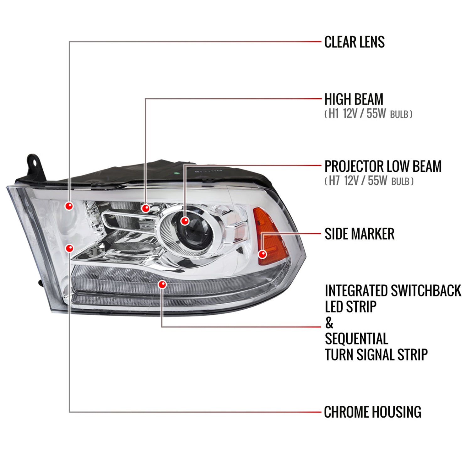 2009-2018 Dodge RAM 1500 / RAM 2500 3500 LED Bar Headlights Chrome