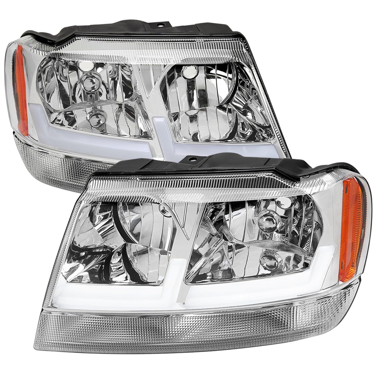 1999-2004 Jeep Grand Cherokee Factory Dual LED Bar Headlights Chrome/Clear