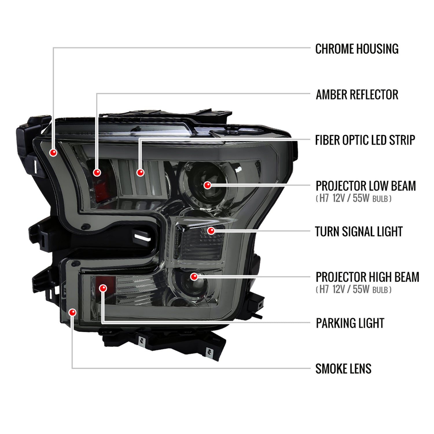 2015-2017 Ford F-150 LED Bar Projector Headlights Chrome / Smoked Lens