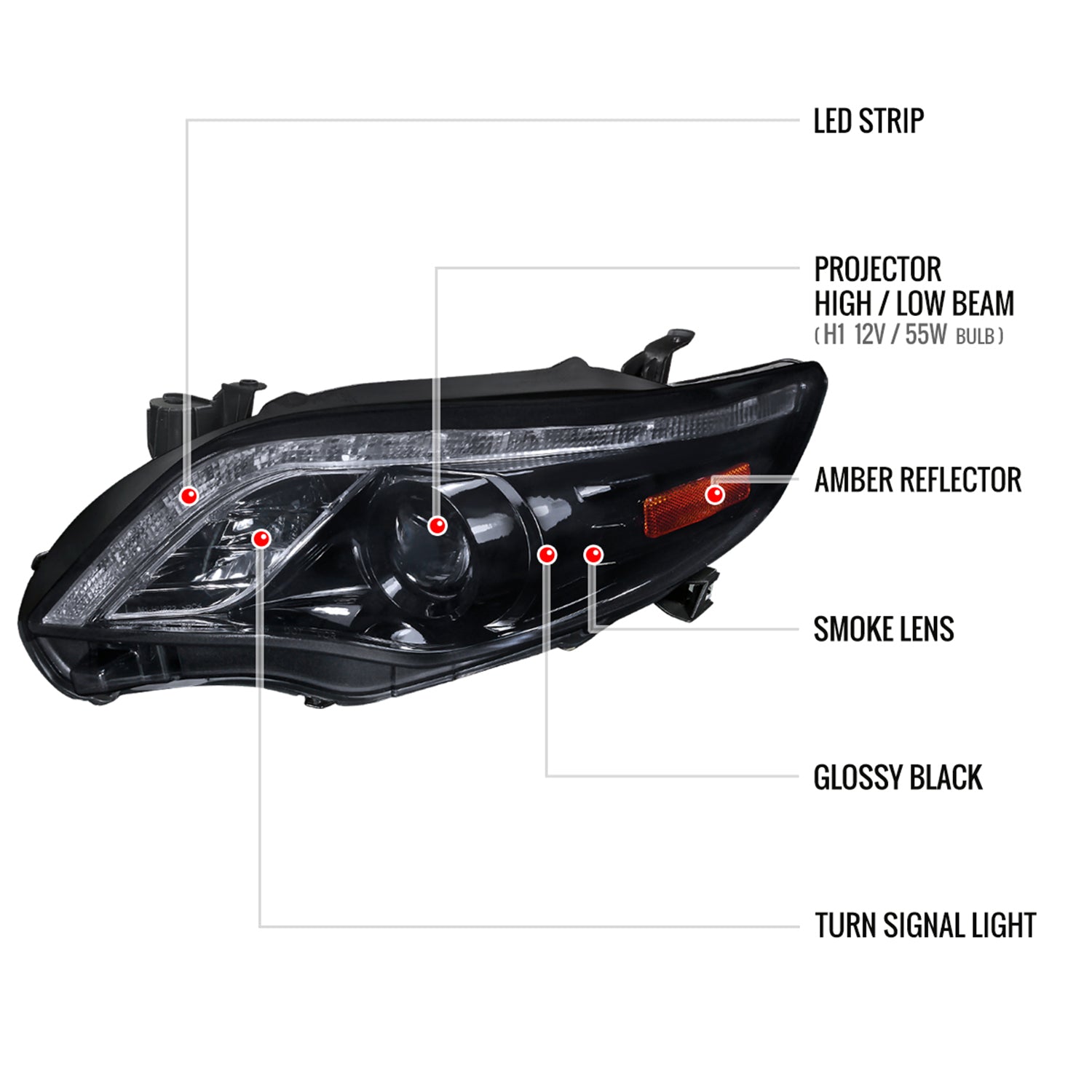 2011-2013 Toyota Corolla Projector Headlights LED Light Glossy Black/Smoke