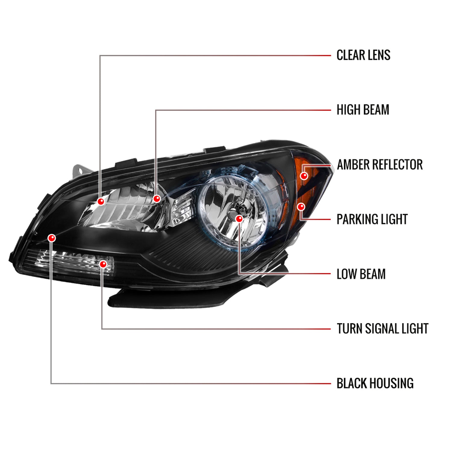 2008-2012 Chevy Malibu LS/LT/LTZ Crystal Headlights Amber Reflectors Black