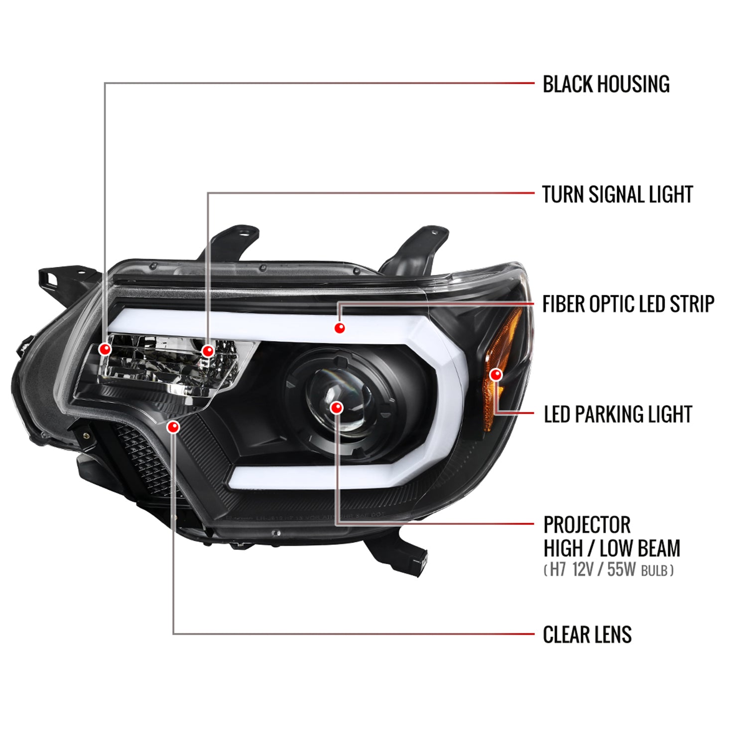 2012-2015 Toyota Tacoma LED C-Bar Projector Headlights Matte Black/Clear Lens