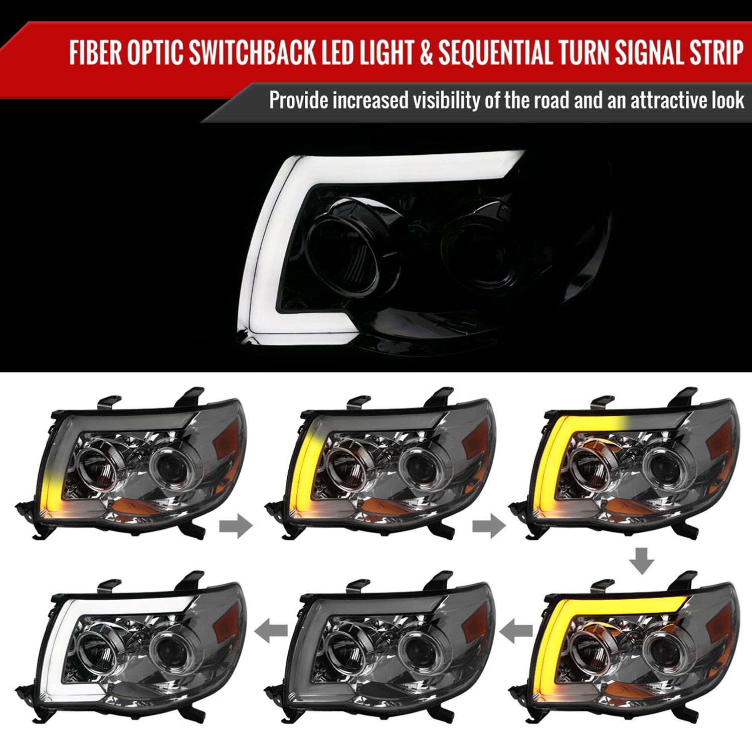 2005-2011 Toyota Tacoma LED Bar Projector Headlights Turn Signal Lights Smoke