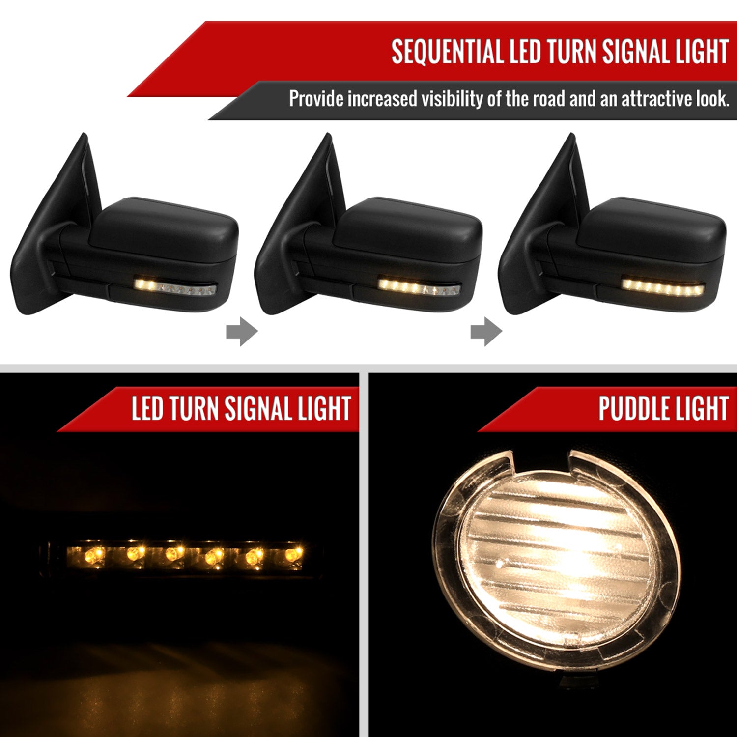 2007-2014 Ford F150 Black Heated Side Mirrors LED Turn Signal & Puddle Light