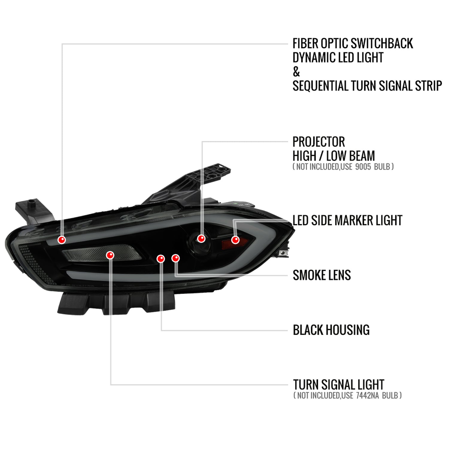 2013-2016 Dodge Dart Sequential Animated LED Bar Projector Headlights Smoke