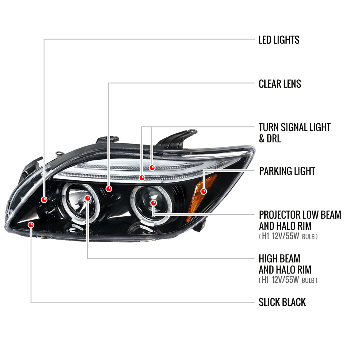 2005-2010 Scion tC Dual Halo Projector Headlights Jet Black/Clear Lens
