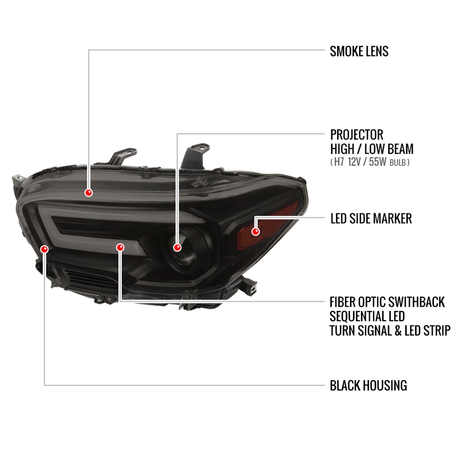 2016-2023 Toyota Tacoma Sequential LED Bar Projector Headlights Black/Smoke