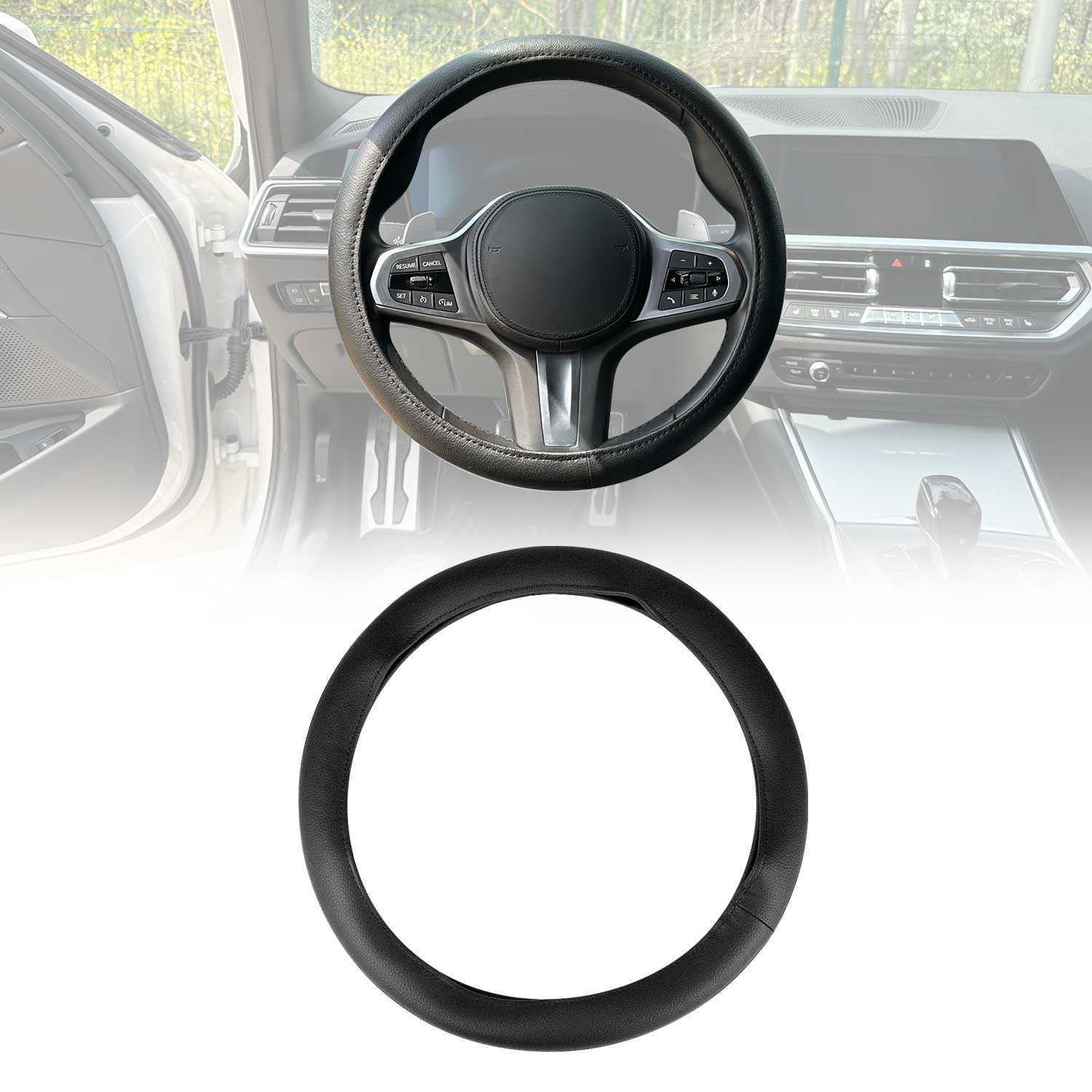 14.5-15.5’’ Steering Wheel Cover Black Leather Anti-slip Breathable