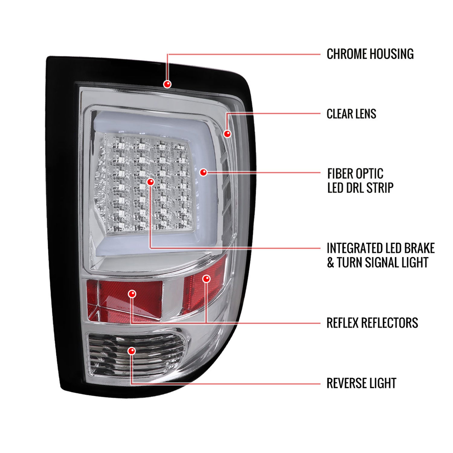 2009-2018 Dodge RAM 1500 2500 3500 White Bar LED Tail Lights Chrome