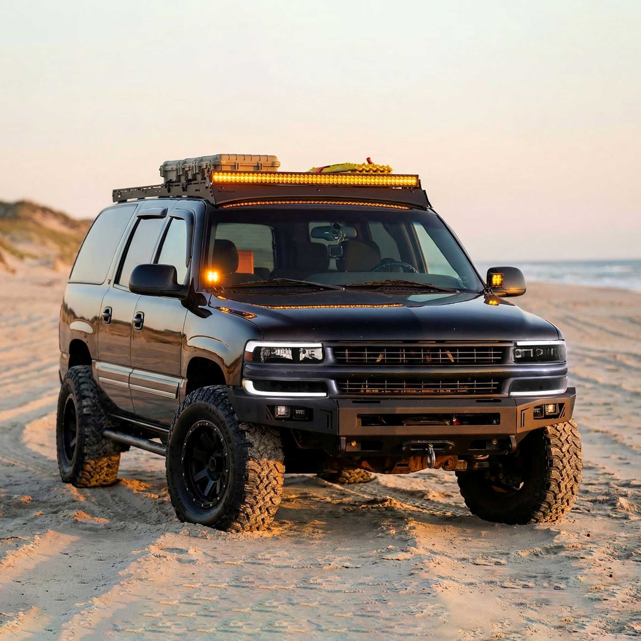 For Chevrolet Silverado Tahoe Suburban 1999-2002 LED Bar Style Headlights Bumper Light Matte Black Housing Clear Lens