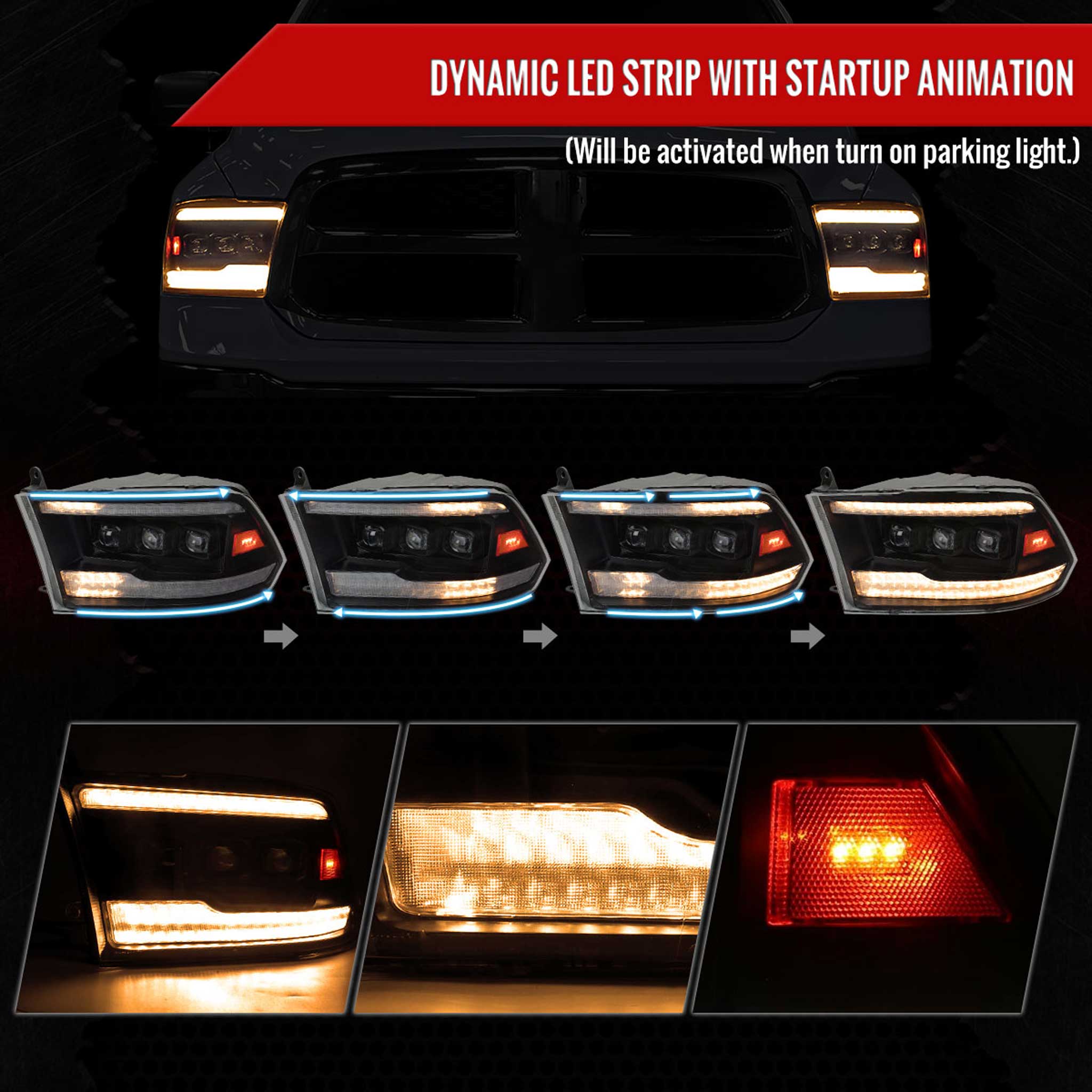 For Dodge RAM 1500 2009-18 / RAM Classic 2019 / 2500 3500 2010-18 Switchback Full Amber LED Projector Headlights Matte Black Housing Clear Lens
