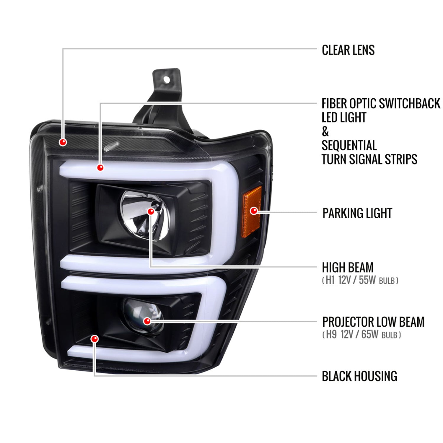 2008-2010 Ford F-250/350/450/550 LED Signal Bar Projector Headlights Black