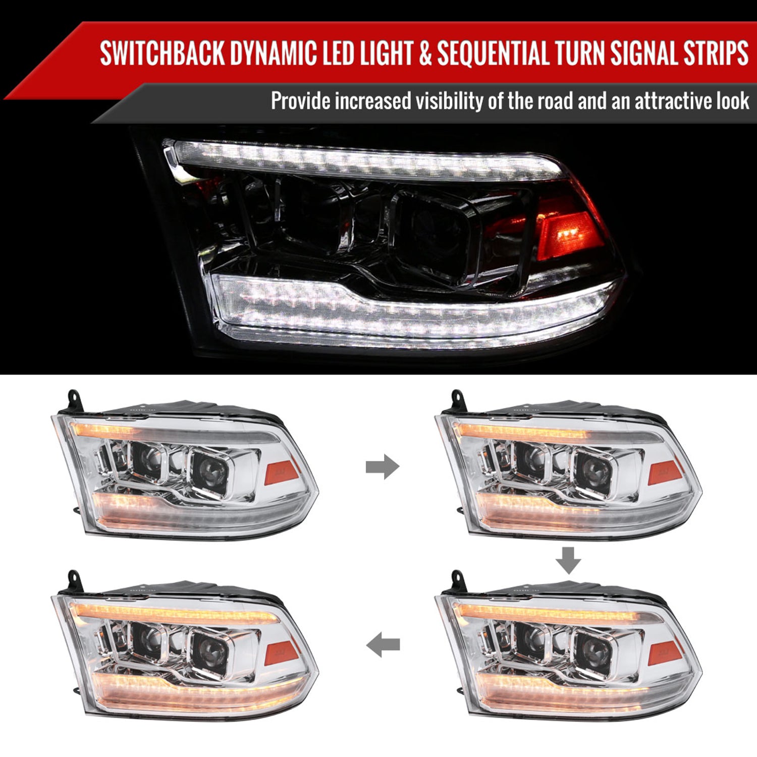 2009-2018 Dodge RAM 1500 / RAM 2500 3500 Switchback Headlights Chrome