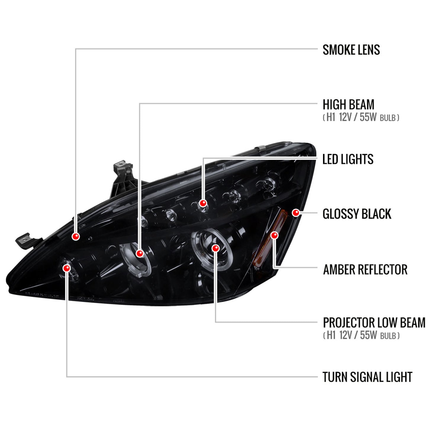 2003-2007 Honda Accord Dual Halo Projector Headlights Glossy Black/Smoke Lens